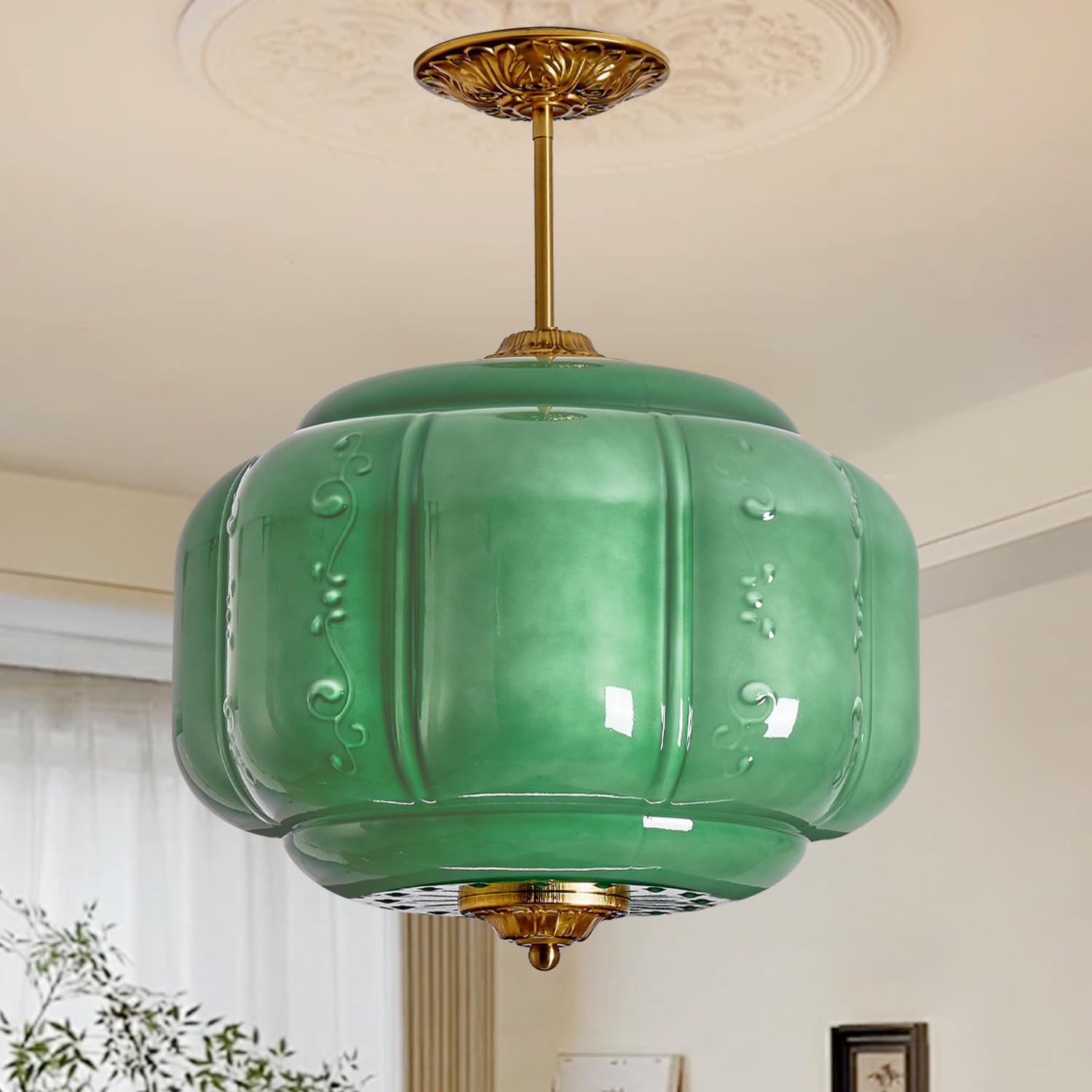 WOSBO Green Milk Glass Pendant Light, Vintage Pumpkin Semi Flush Mount Ceiling Light with Unique Flower Lines, Antique Brass Mid Century Modern Light