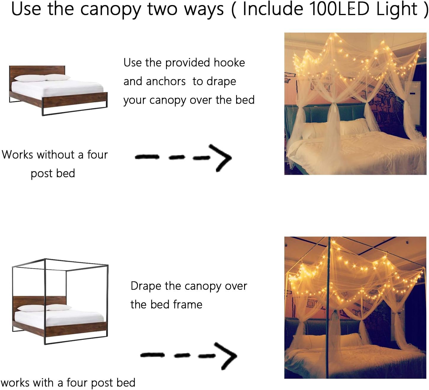 Comtelek Ciel de lit d'angle avec Guirlande Lumineuse à 100 LED - Fonctionnement à Piles - Style Unique - 4 Portes - Suggéré pour lit Double, Grand lit et très Grand lit