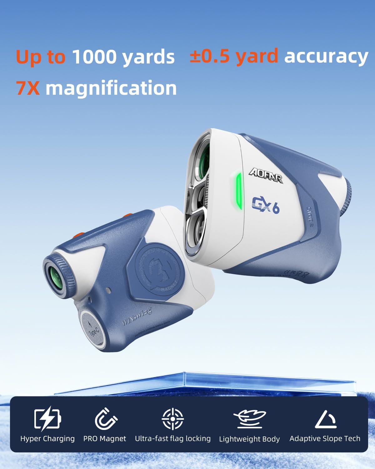 AOFAR GX6 Télémètre de Golf avec Aimant, Rechargeable Rangefinder 1000Y,Vibration de Verrouillage du mât de Drapeau,Pente allumé/éteint avec lumière d'indicateur, 7X,Imperméable Télémètre Laser