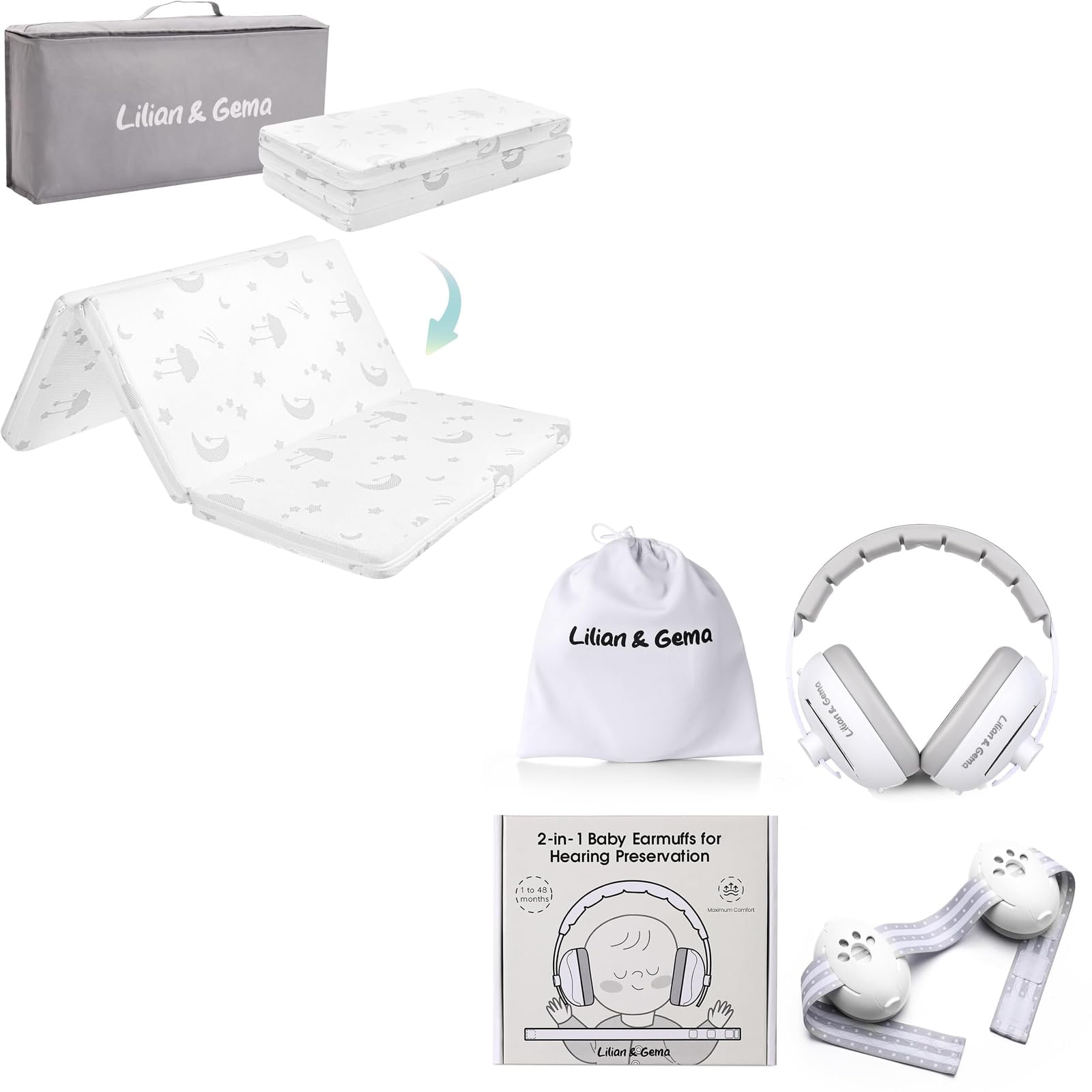 Lilian&amp;Gema Pack and Play Mattress 38"x26"x1.5" &amp; 2-in-1 Baby Ear Muffs Noise Protection