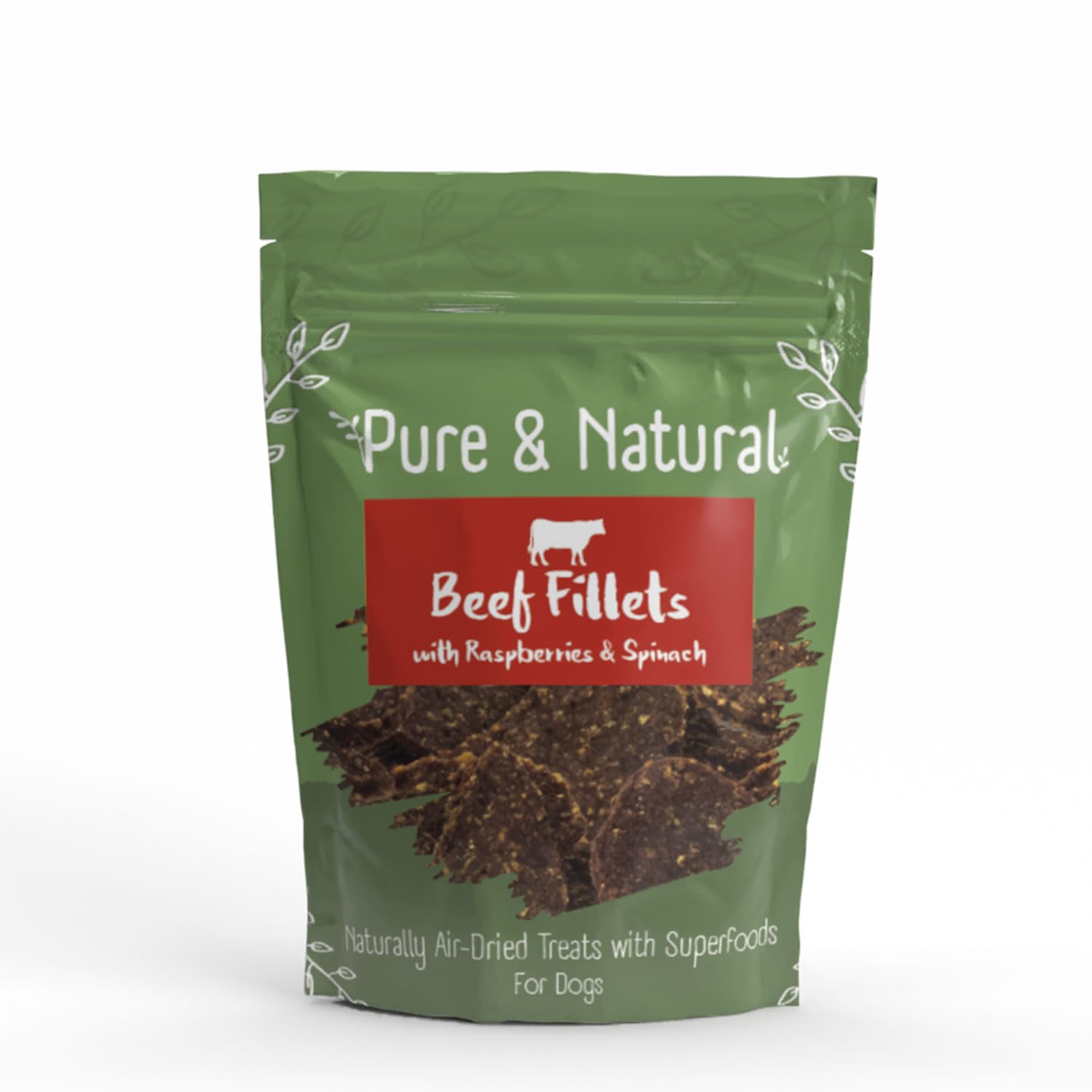 Pure & Natural Superfoods Air Dried Beef Fillets Treats with Raspberries & Spinach - Meat Treats for Dogs and Healthy Dog Snacks - 100g