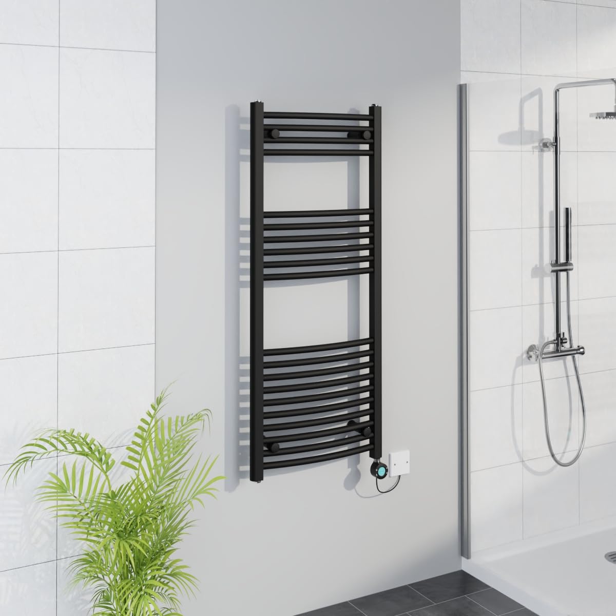 Warmehaus Black Smart Wifi Thermostatic Electric Bathroom Curved Heated Towel Rail Warmer Radiator With Timer 1200X500mm