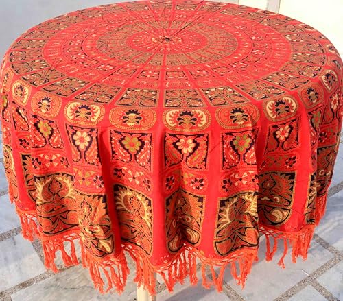 Image of Dining Round Tablecloth, Red, 75 inch, 4-6 Seater, RHF-5008 | 100% Cotton, Multicolor Floral Bird Printed, White Fringed Lace Border