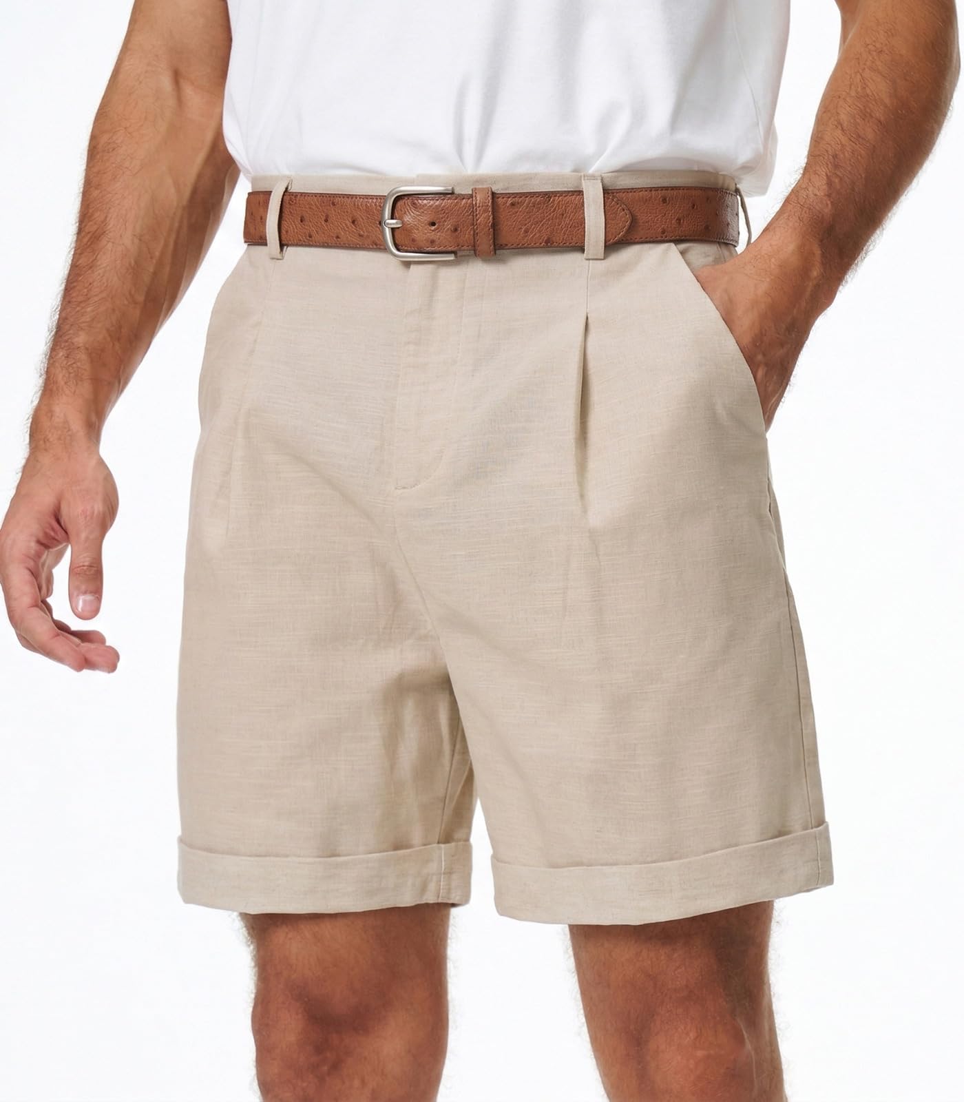 Pantalones Cortos de Algodón y Lino Bermudas Hombre Verano Chinos Clásico con Bolsillo