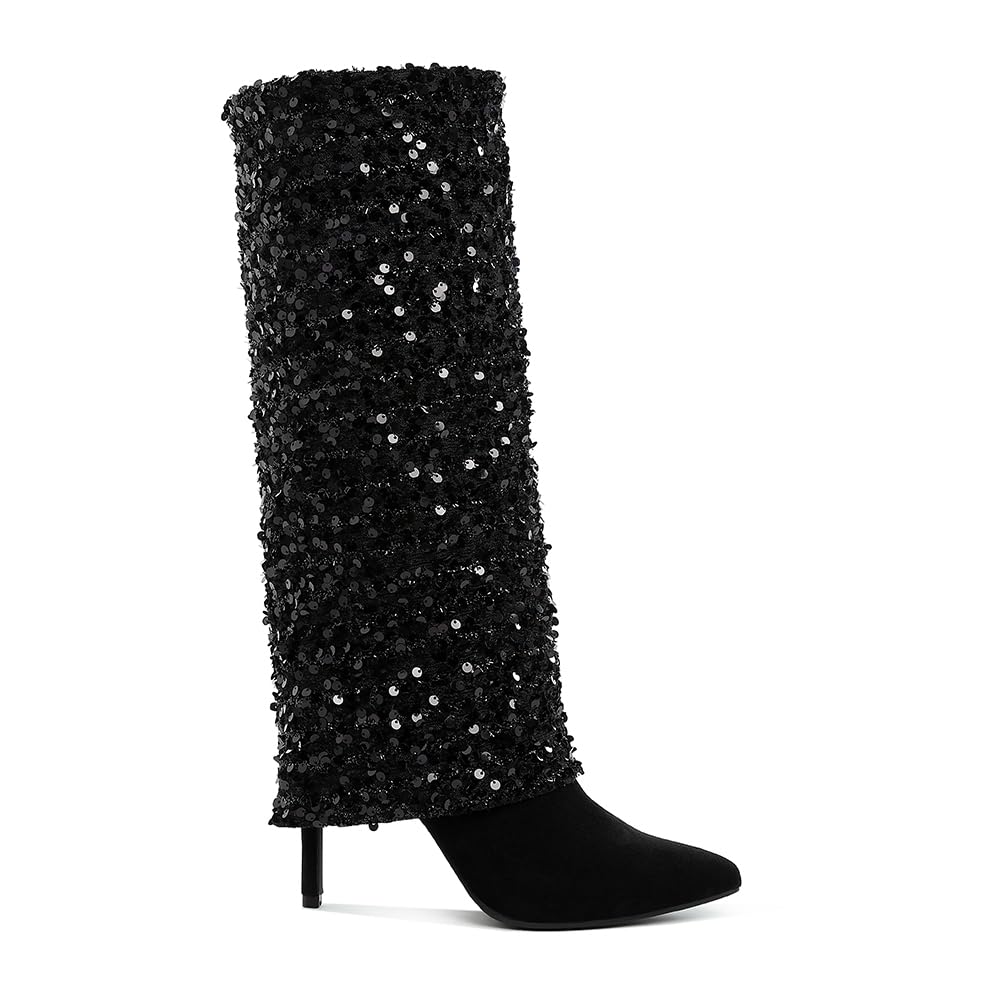 London Rag Sin City Sequinned Fold-Over Calf Boots
