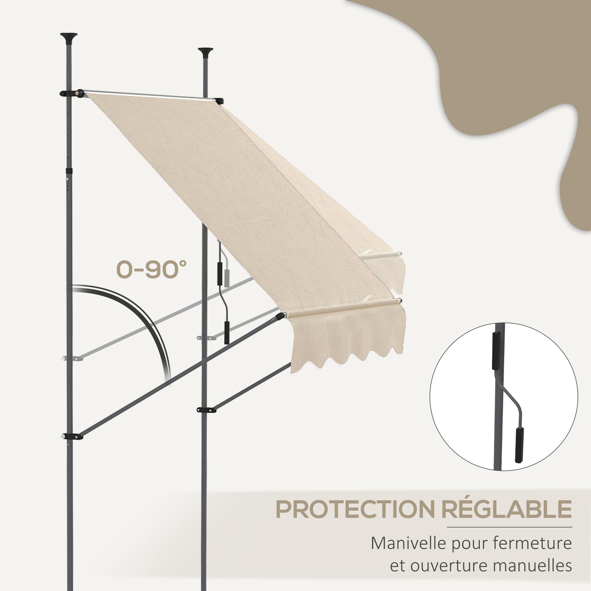 Outsunny Store banne autoportant Manuel auvent rétractable 1,5L x 1,2l x 2,1-3H m Inclinaison réglable pour Balcon sans Trous à percer métal alu Polyester Sable