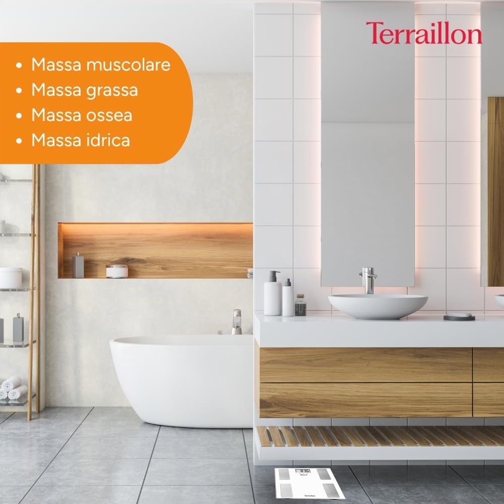 TERRAILLON SMART CONNECT Bilancia pesapersone Impedenziometrica - Analisi del cuerpo - BMI - 8 utenti - Bluetooth Low Energy - Capacità 160Kg - Bianco