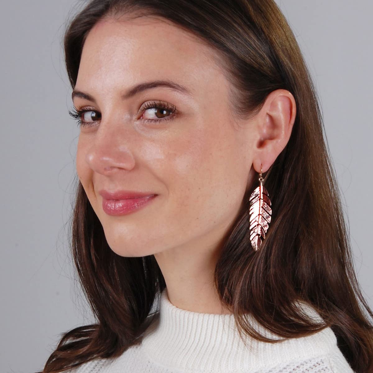 Leaf Earrings for Women - Long Hanging Boho Feather Earrings Plated in Gold, , or Rose Gold Tone: Rose Gold