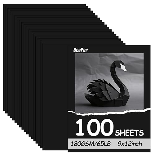 OcePor 100 Sheets Black Cardstock 9” x 12”, 65lb/180gsm Black