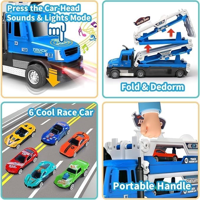 Image of Big Hauler Storage & Deform Truck Toy with 55 inch 2 Ejection Race Track & 6 Cars- Catapult Truck with LED Light & Music for Kids (Blue & Yellow)