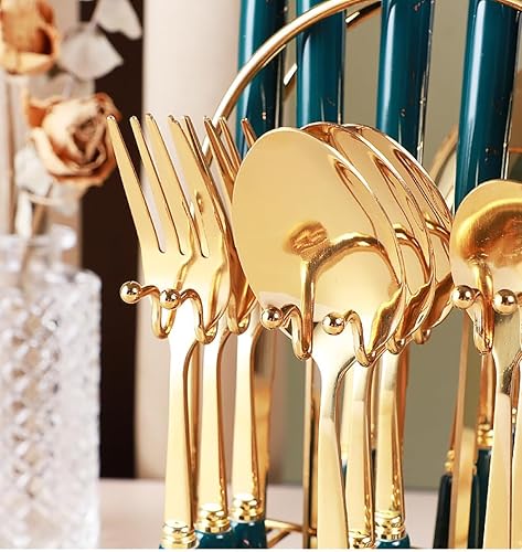 Miniatura 5 de Juego de cubiertos negros para 6 personas con organizador para colgar, cubiertos de acero inoxidable con mango de color, juego de cubiertos retro de