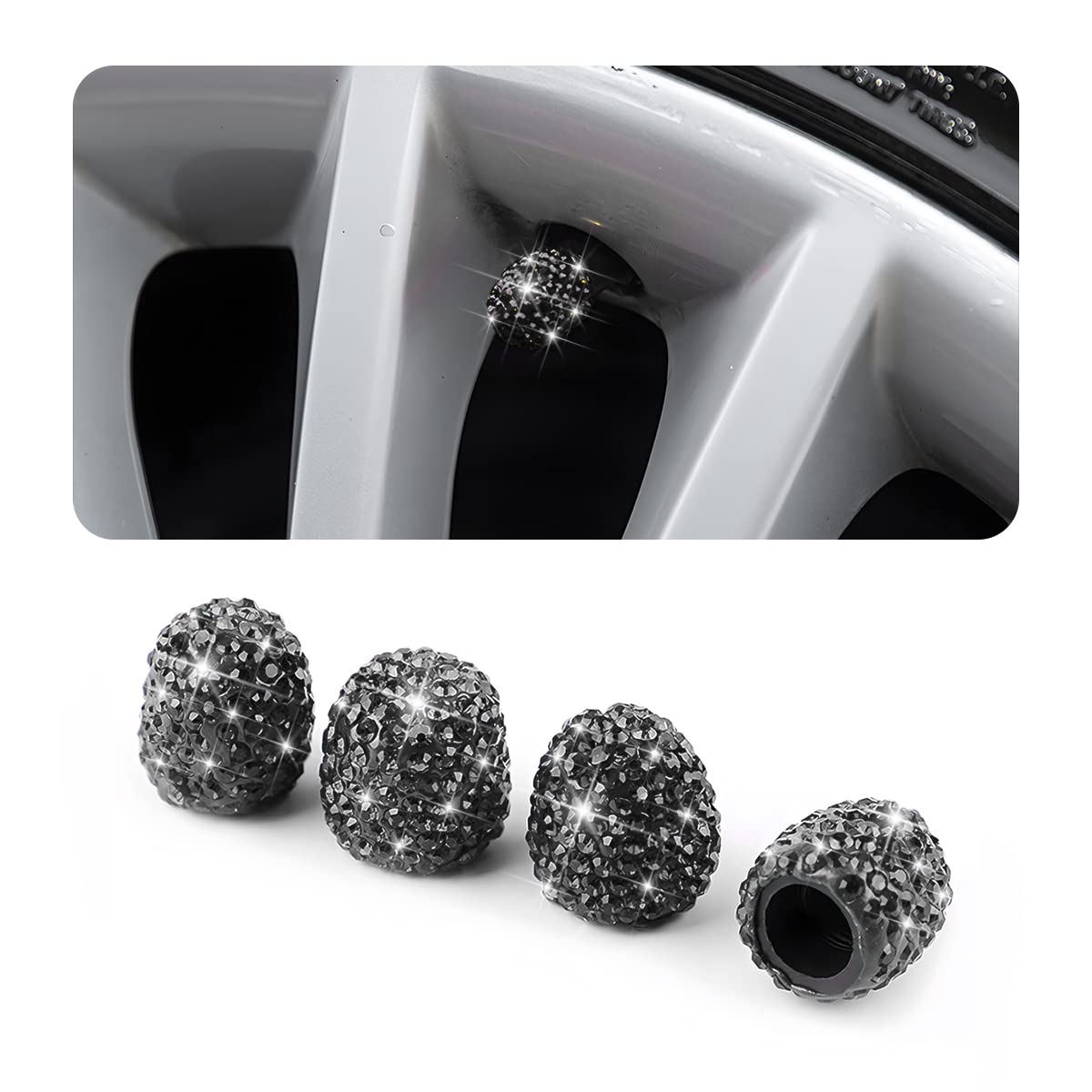 AUCELI 4PCS Bling Car Tire Valve Stem Caps, Crystal Rhinestones Dustproof Vehicle Wheel Air Caps, Waterproof Bicycle Valve Cover, Universal Auto Accessories for SUV Truck Motorcycle Bike (Black)