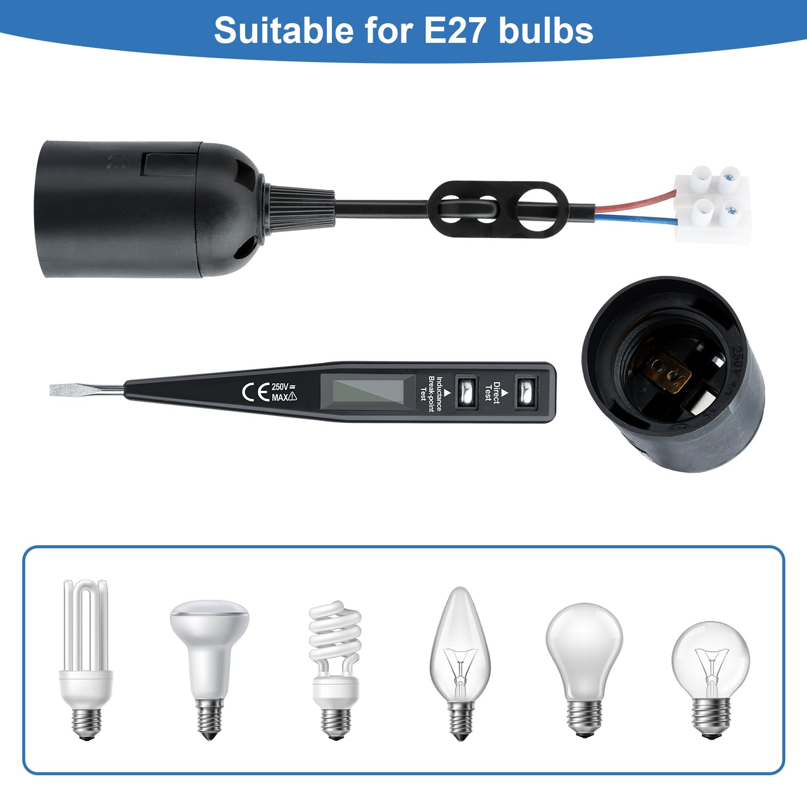 10 Piezas Casquillos E27 Adaptador de Bombillas E27, E27 Soporte de Lámpara Convertidor, Bases de lámpara E27 con cable y terminal Probador de voltaje, E27 Para Bombillas e27 Lámpara Convertidor