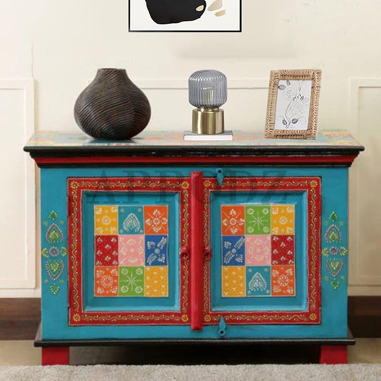 Image of APRODZ Hand-Painted Solid Wood Sideboard Cabinet with 2 Doors | Wooden Storage Cabinet for Bedroom Living Room & Kitchen | Crockery Cabinet, Kitchen Storage | Multicolor, 24x14x24 Inches