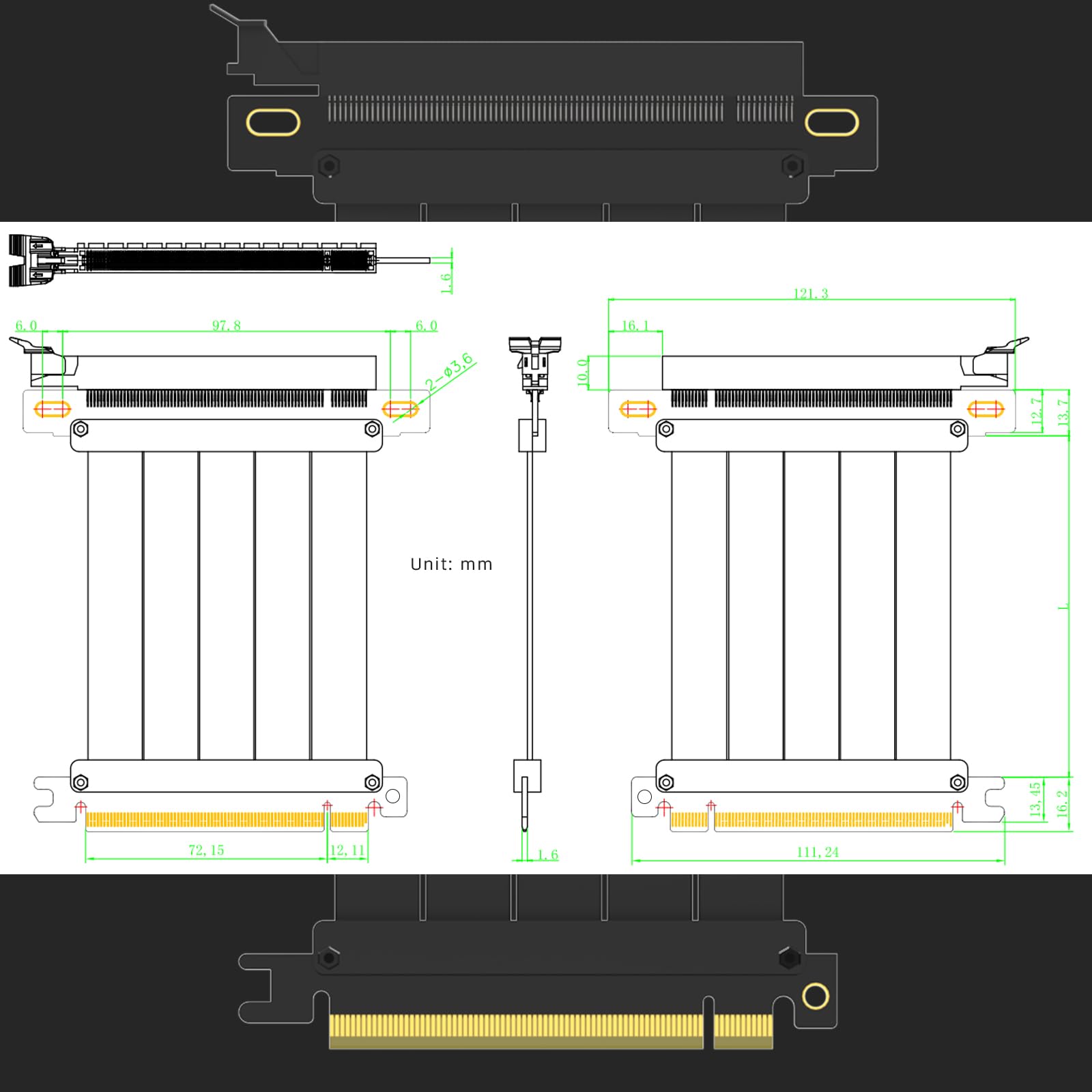 GLOTRENDS 1000mm PCIe 3.0 X16 Riser Cable (0->180 Degree), kompatybilny z seriami NVIDIA-RTX 2000/GTX1600, AMD-RX6000/5000/500/400/Vega itp.