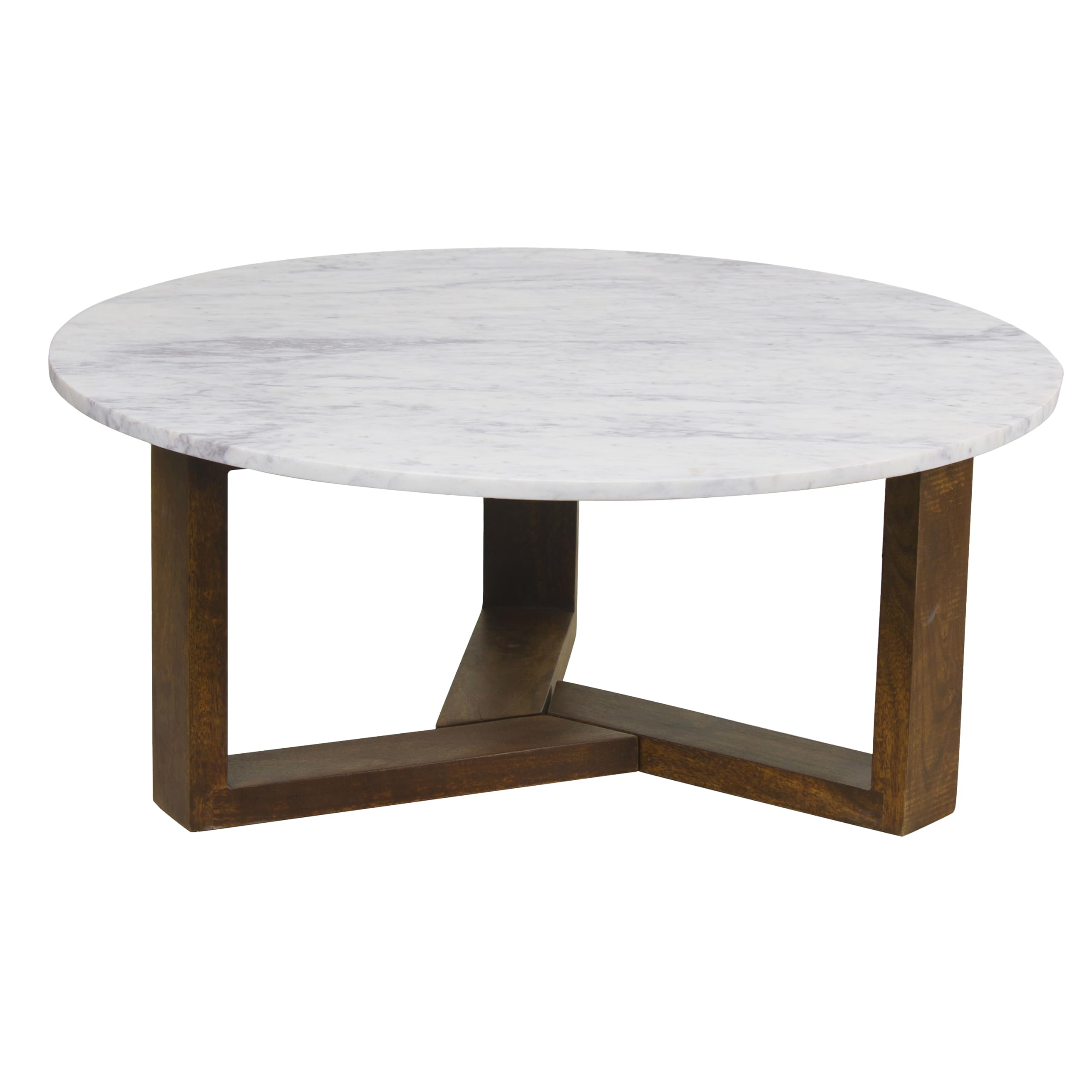 (incomplete box 1 of 2 )) The Urban Port Fina Coffee Table, 38 Inch Round White Genuine Marble Top, Natural Brown Mango Wood 3 Leg Sled Base