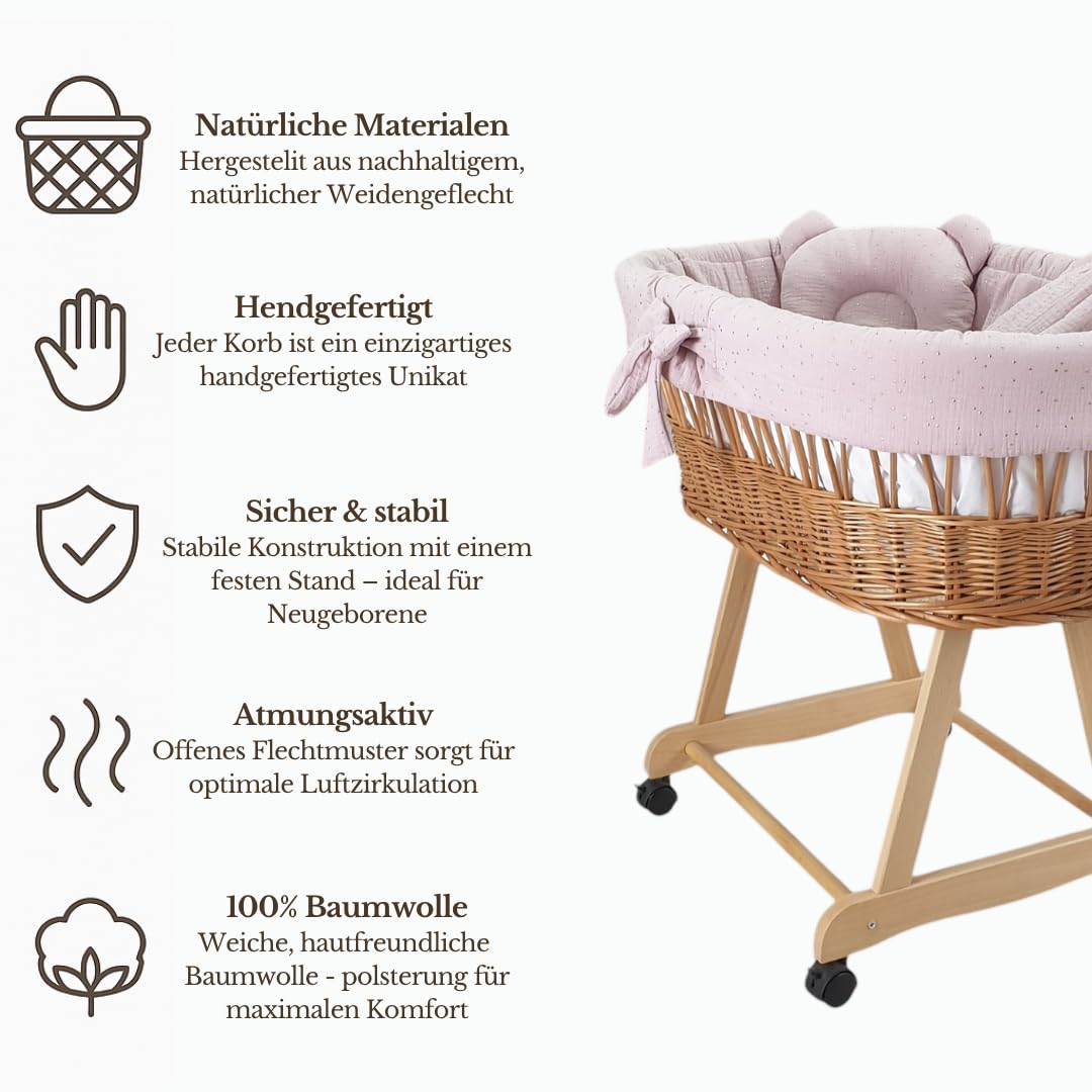 WIKLINOPOL - Moisés completo con cesta de moisés natural, colchón y ropa de cama de algodón 100% en color lila dorado, espacio seguro para dormir con ruedas y freno, modelo Amelia