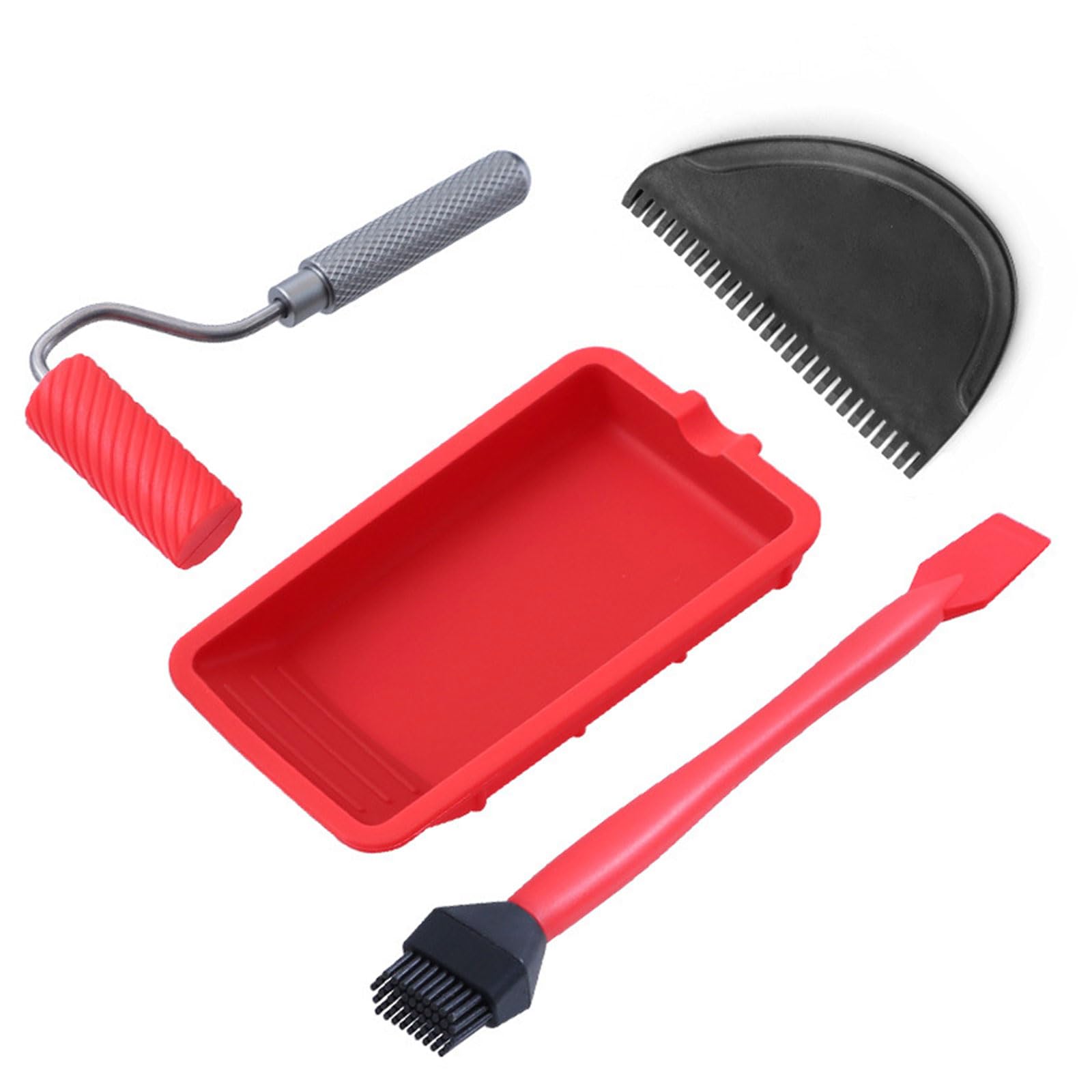 Plcpdm Red 4 Piece Set Quick Drying Woodworking Adhesive Applicator Roller Tray Nondrip Design Smooth Spreader Tool For Carpentry Diyer Easy To Clean Silicone Adhesive Roller