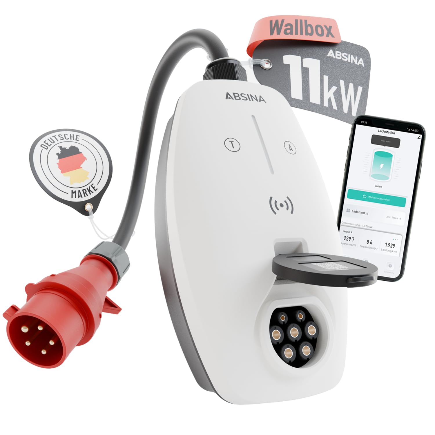 ABSINA Wallbox 11kW con App, Potenza di Ricarica Regolabile // Stazione CEE - wallbox trifase per i3, e-Up, ID.3, ID.4, Zoe, fortwo e Altro - colonnina Ricarica Auto elettrica | CEE - Stazione di ricarica mobile ad alta corrente, 11 kW, 3 fasi, per i3, e-