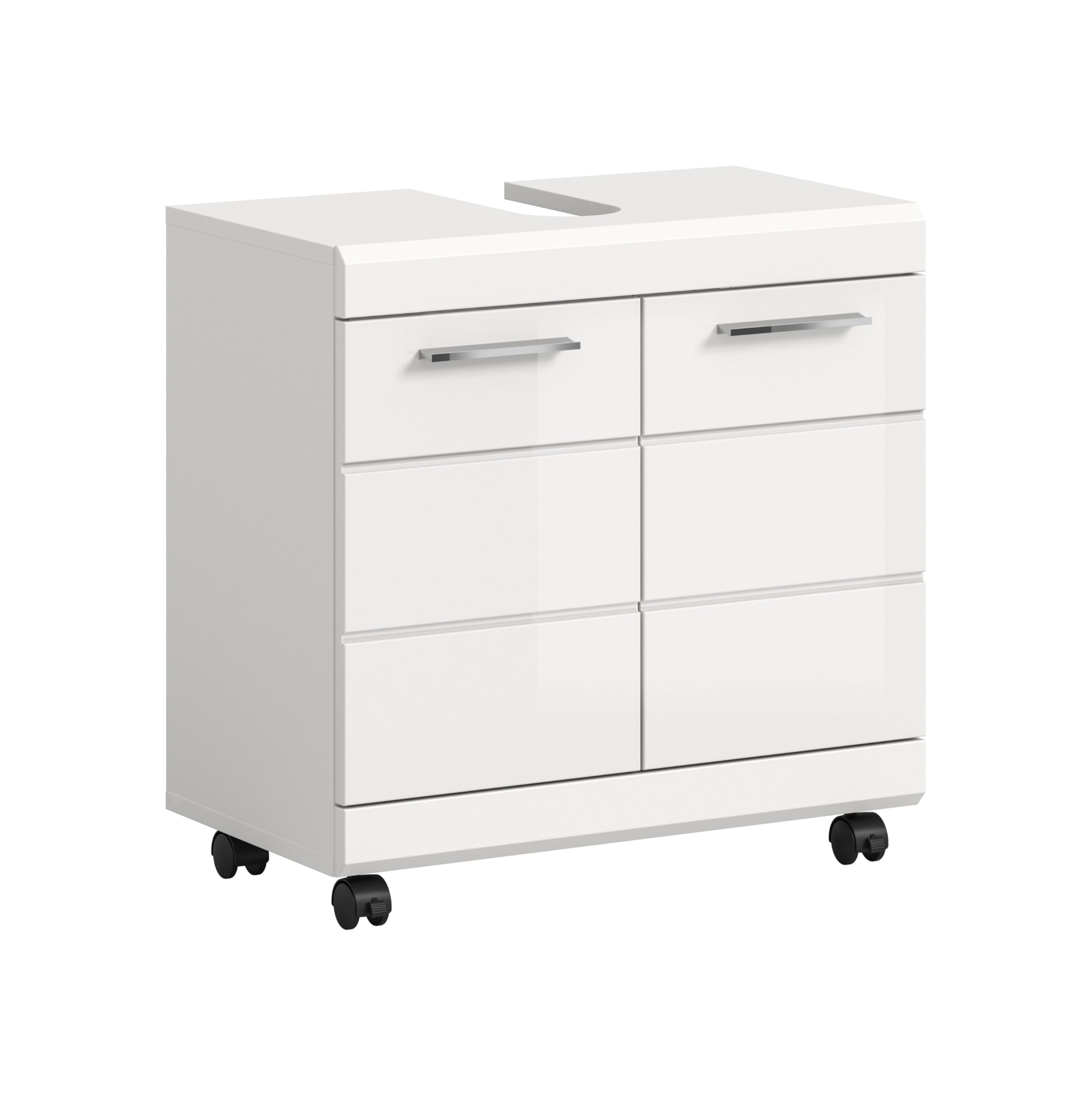 xonox.home – Waschbeckenunterschrank Scout 60x60x34 cm in Weiß Hochglanz – Mobiler Badschrank auf Rollen mit Feststeller – Moderner Unterschrank für eine Elegante & Flexible Badaufbewahrung