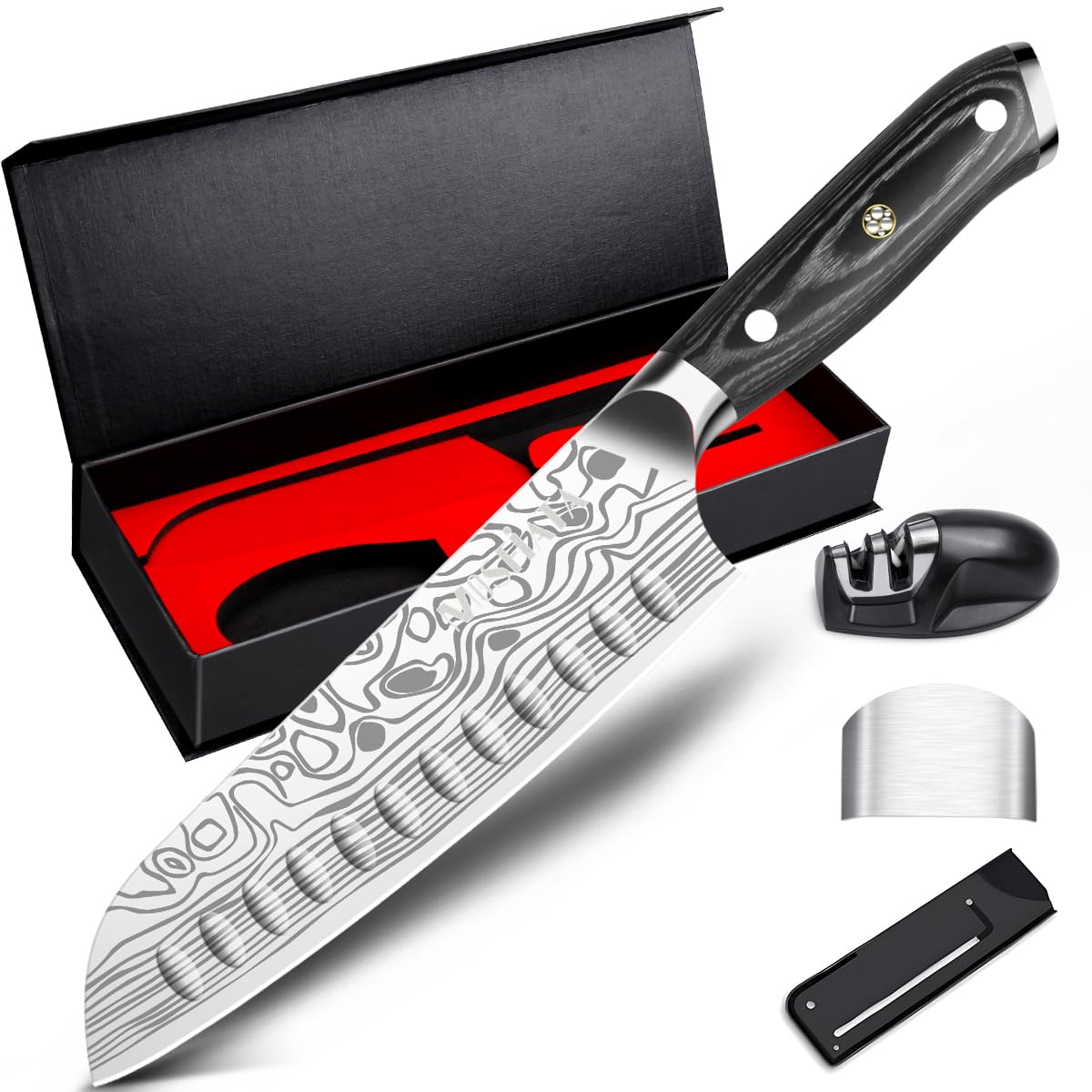 MOSFiATA Santoku Messer 18cm Küchenmesser Scharf Kochmesser aus hochwertigem EN 1.4116 Edelstahl mit Ergonomischer Holzgriff