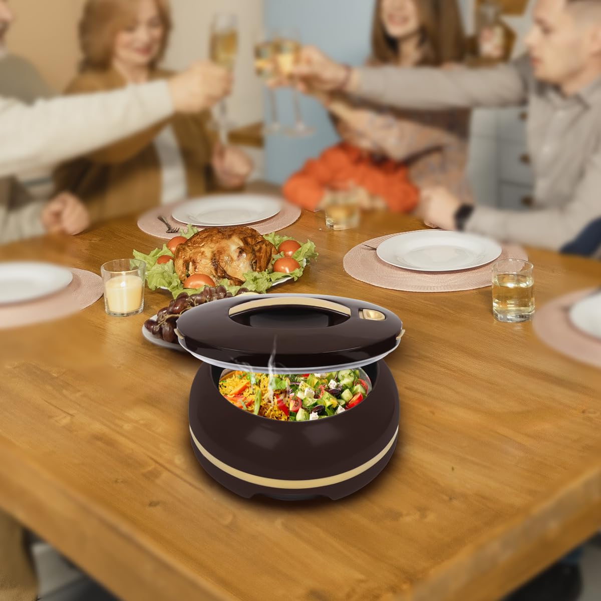 Elegante casseruola ovale isolata grande con coperchio aperto con una sola mano, 3,15 qt. Scaldavivande di lusso - Ciotola termica per buffet/feste - Contenitore per alimenti caldi in acciaio inox