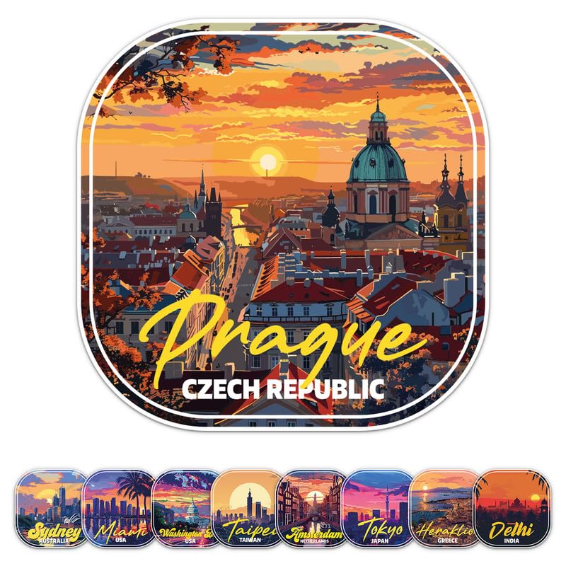 Sunset Czech Republic Prague City Sticker - Waterproof Vinyl Decal for Car Bumper, Laptop, Water Bottle, Luggage, Wall, Window, Sticker Size - 3'' Longer Side