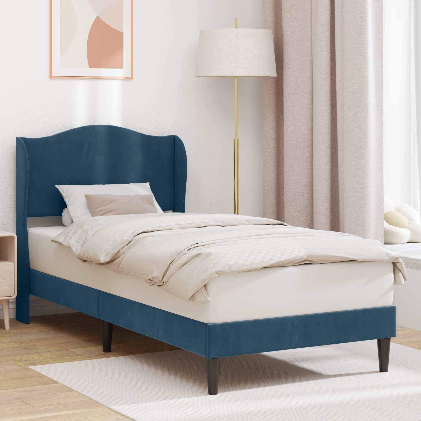 Rama de cama con cabecero azul 100 x 200 cm terciopelo moderno estructura somier fijo patas cónicas soporte 140 kg dormitorio elegante