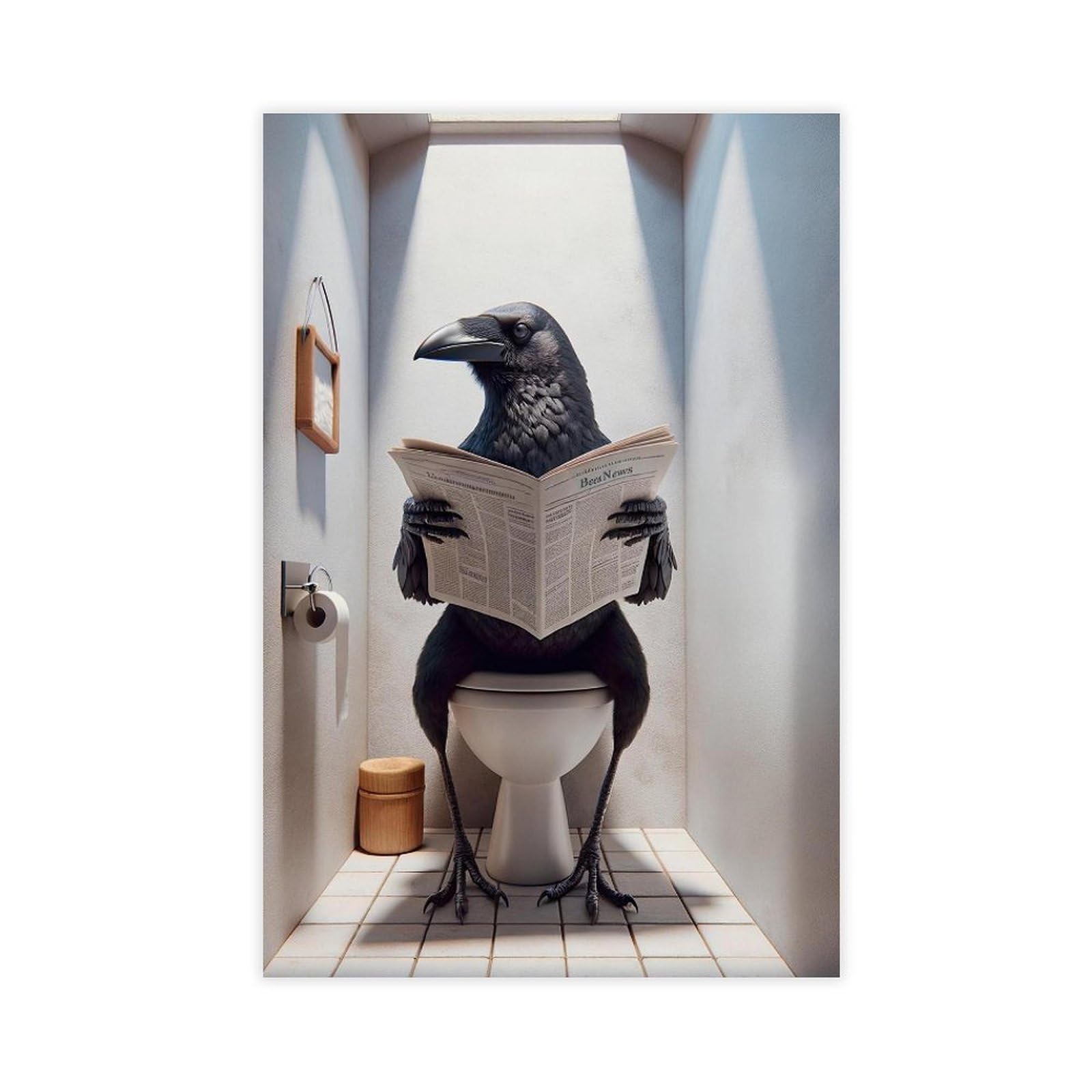 BNCEDJK Photograph of A Crow Reading The Newspaper on The Toilet Canvas Poster Bedroom Decor Landscape Decor Gift 12x18inch(30x45cm)
