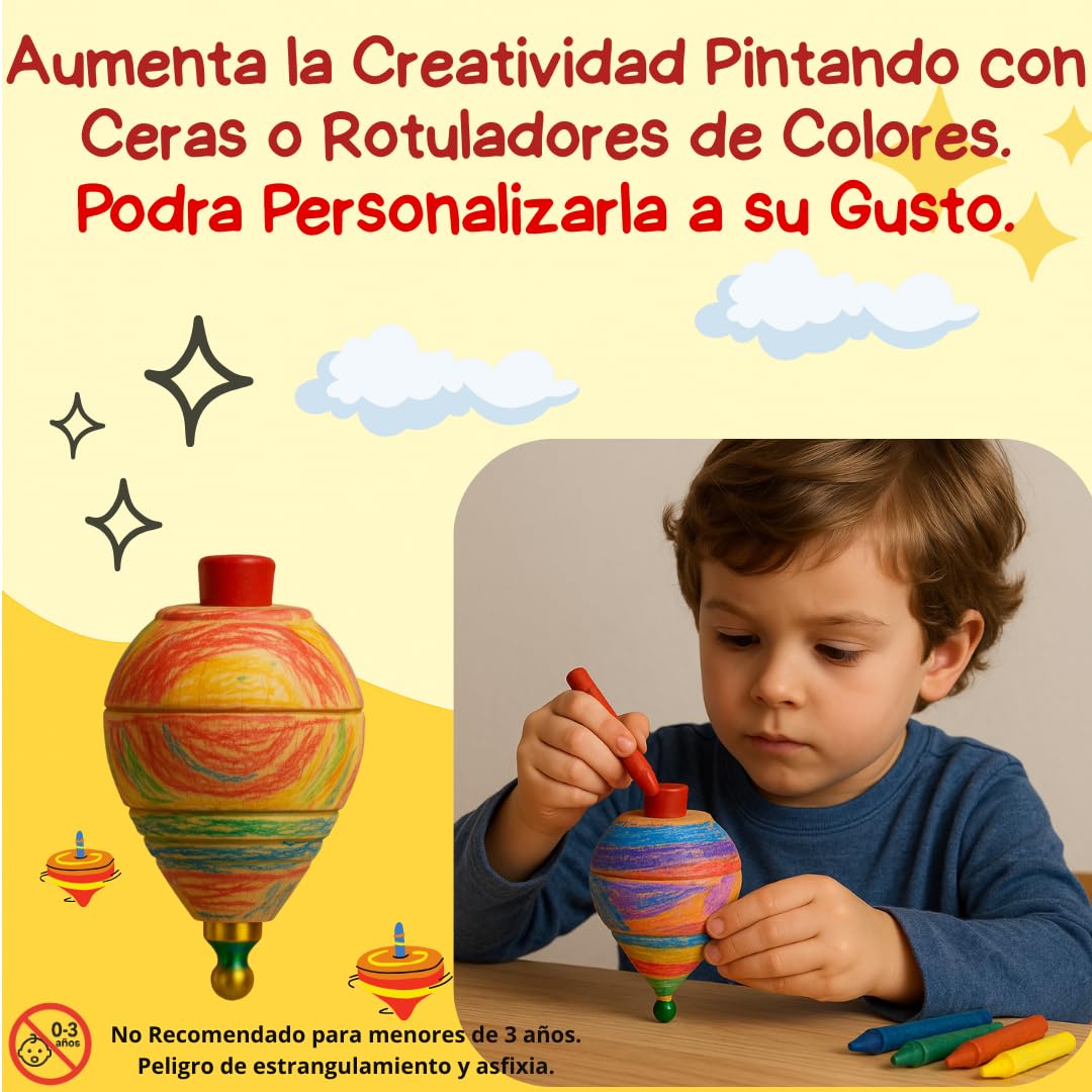 Peonza Madera para Niños Pack 30 Trompos + 30 Cuerdas | Packs de 2-4-6-8-12-16... Unidaes. | Hecho a Mano en España con Punta Redonda.