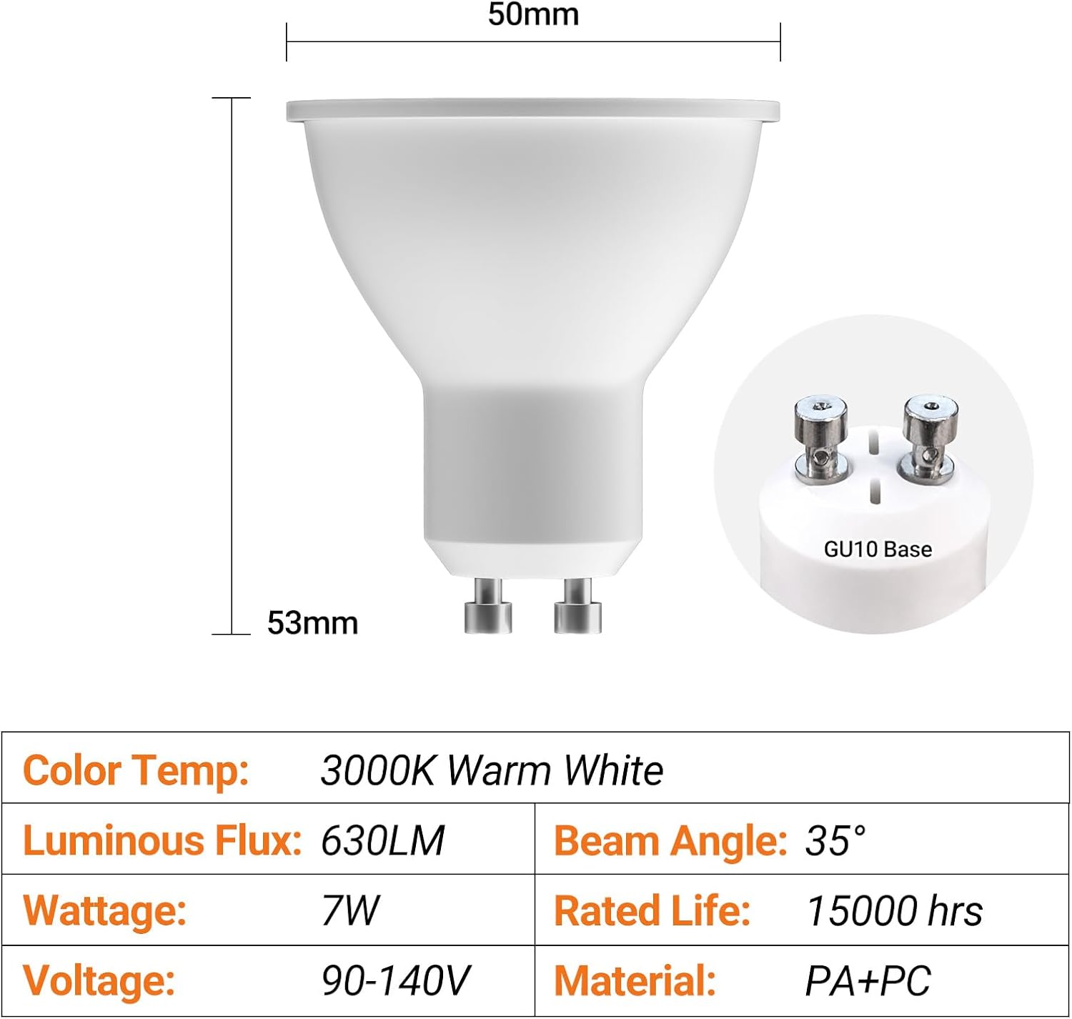 GU10 LED Bulbs Dimmable, Light Bulb 3000K Warm White, 630LM LED Spotlight Bulb 7W(50W Halogen Equivalent) Track Lighting Bulb for Kitchen, Range Hood, Bedroom, 6 Pack