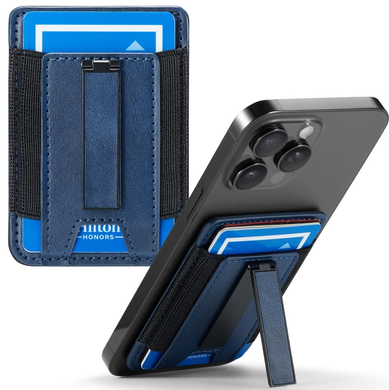 BIAJIYA Phone Wallet Sticky Back with Stand - Holds 6 Cards for iPhone & Samsung, Ultra Thin Leather & Stretch Fabric Card Holder (DeepBlue)