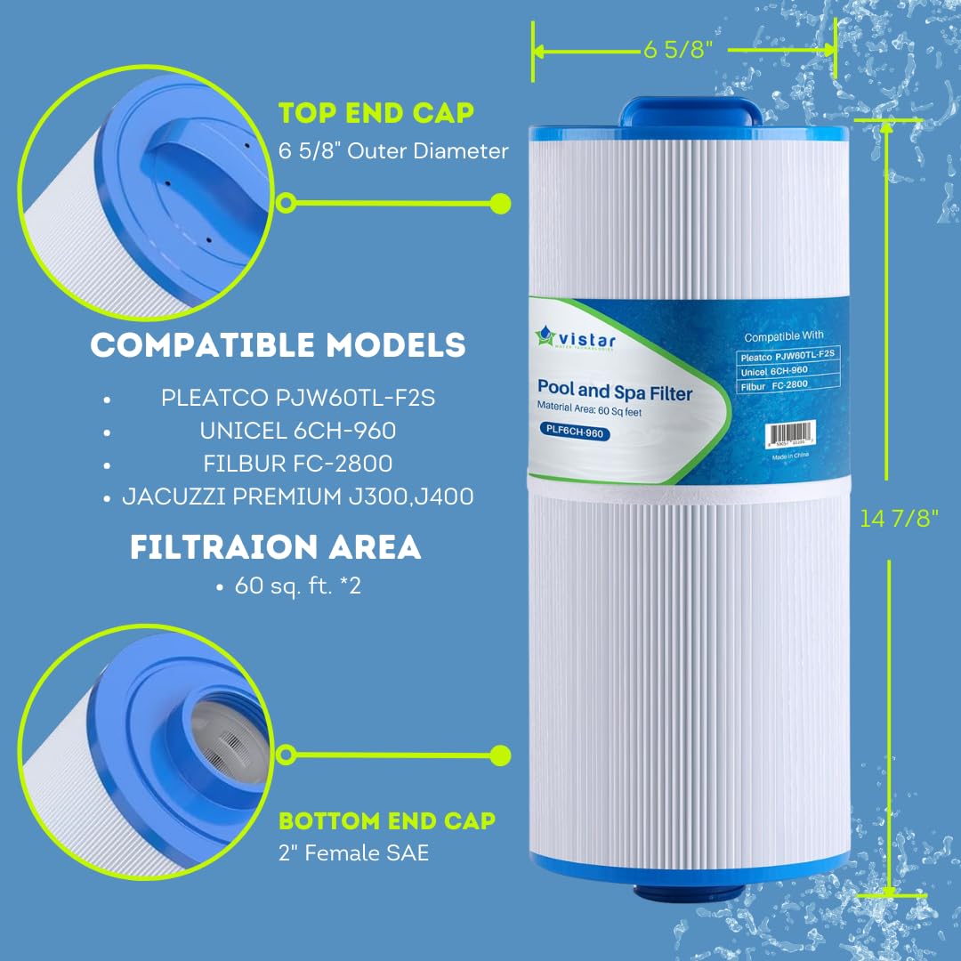 Vistar Water Technologies PLF6CH-960 Spa Filter Replacement for Unicel 6CH-960, PJW60TL-F2S, Jacuzzi Filters J-300, J-400, Filbur FC-2800, 6540-476, 6540-383 Hot Tub Filter with Closed Handle 1 Pack