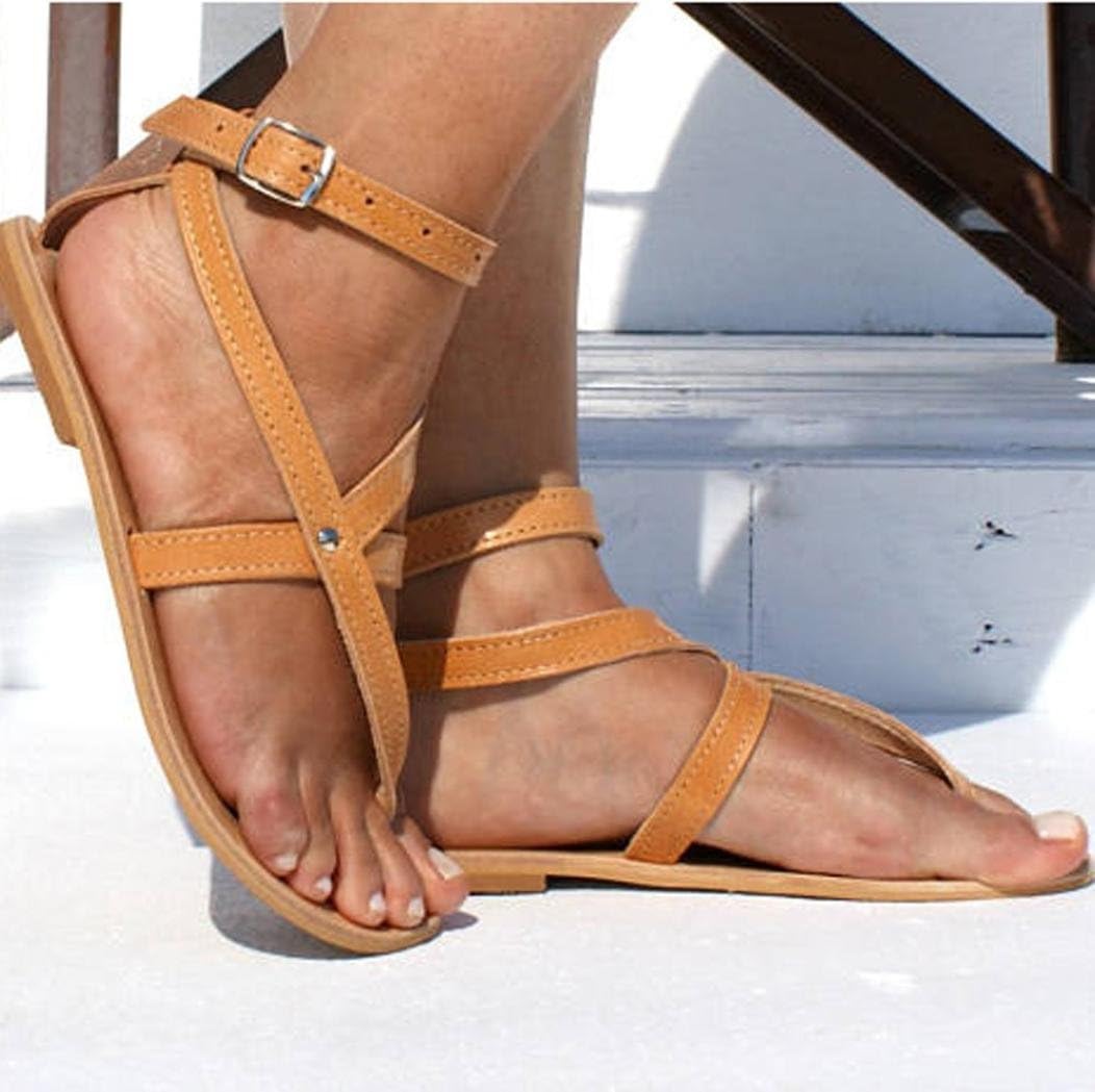 Sinwo Women Fashion Buckle Round Toe Flat Roman Sandals Leisure Beach Shoes