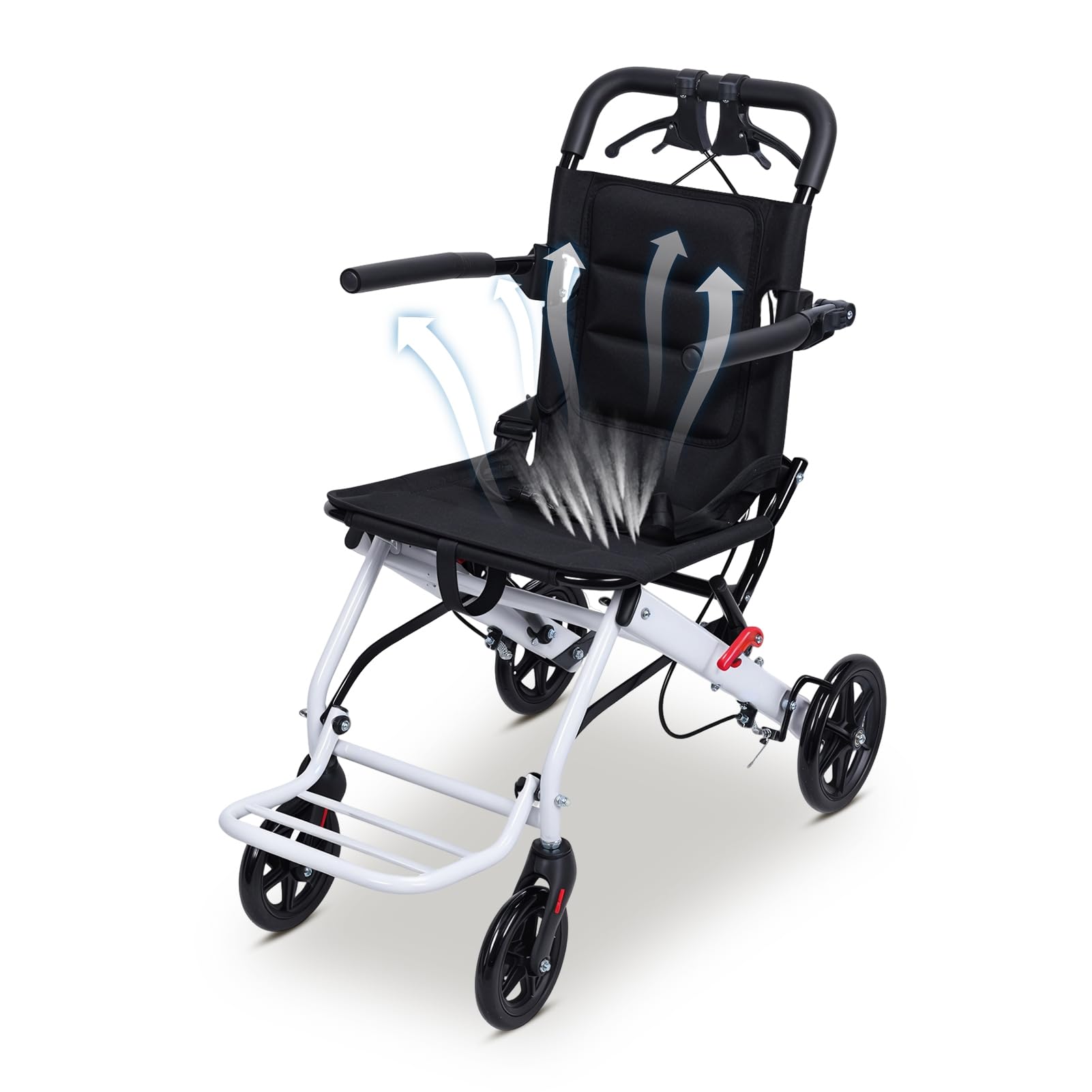 Sedia a rotelle pieghevole, sedia da viaggio leggera e portatile per adulti, sedia a rotelle ergonomica con cinghia di sicurezza regolabile, deambulatore a quattro ruote, ruote in poliuretano per una
