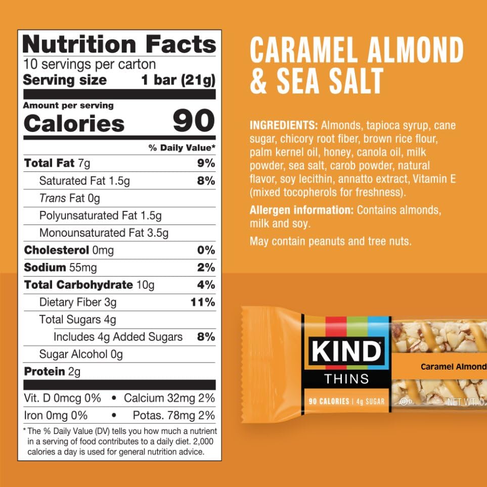 KIND Thins Snack Bars Variety Pack, Gluten Free, Low Calorie, Healthy Snacks, Dark Chocolate Nuts & Sea Salt, Caramel Almond & Sea Salt, Peanut Butter Dark Chocolate, 4g Sugar, 30 Count - image 3