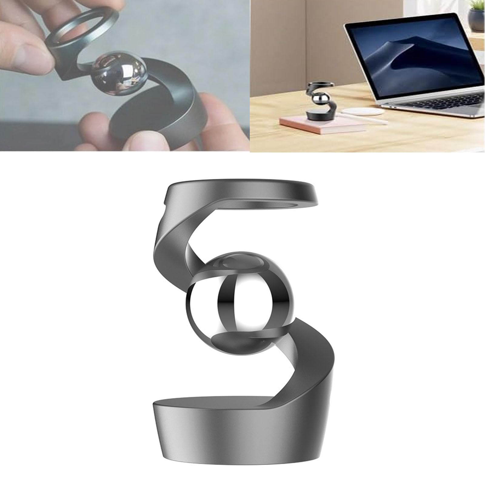 Gravity Defying Kinetic Desk Toy, Executive Desk Top Toys, Desktop Gyroscope, Optical Illusion Toys for Desks, Kinetic Spinning Desk Toys, Levitating Desk Toy (Grey+Silver Ball)