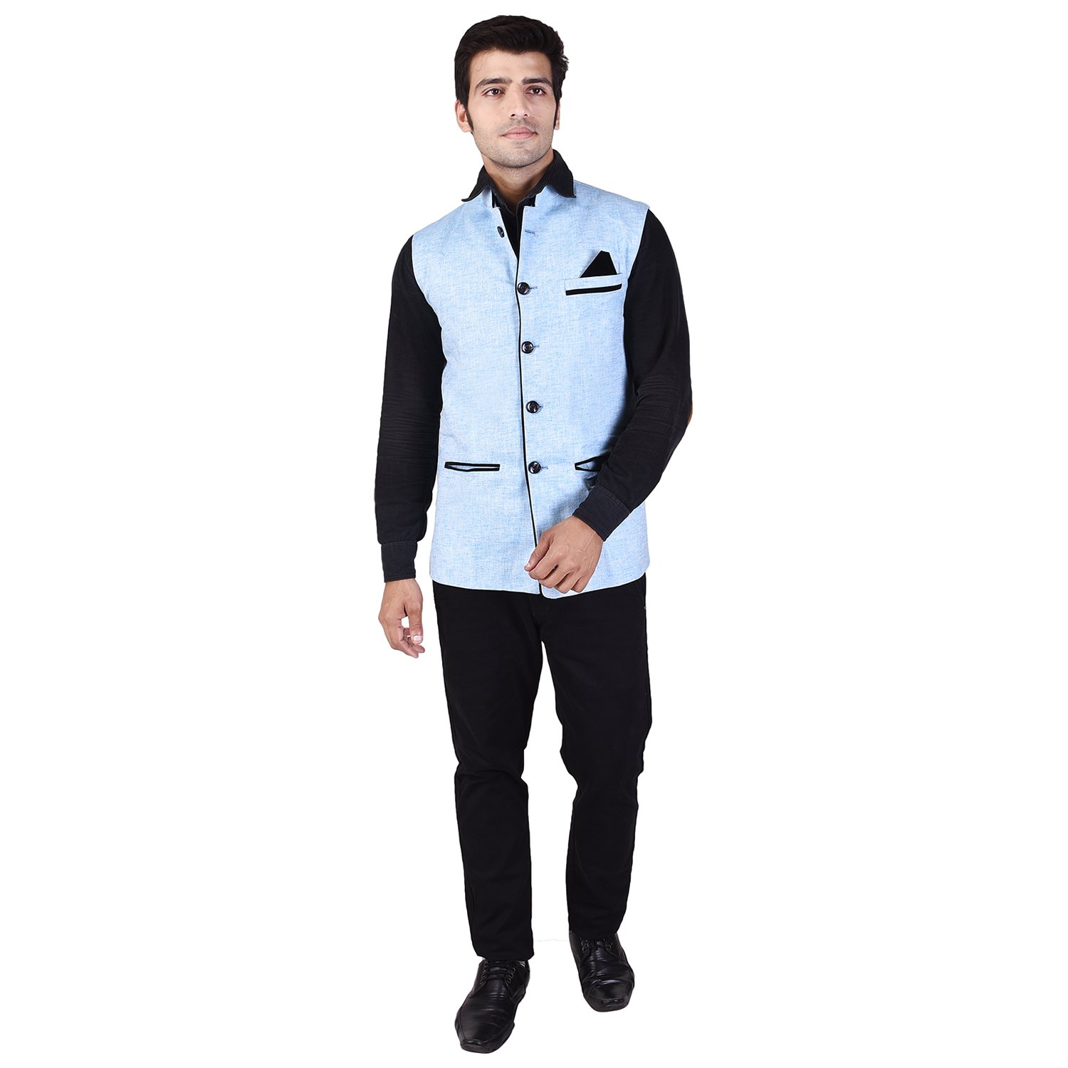 veera paridhaan Men's Solid Sky Blue Cotton Poly Nehru Jacket-picture-16