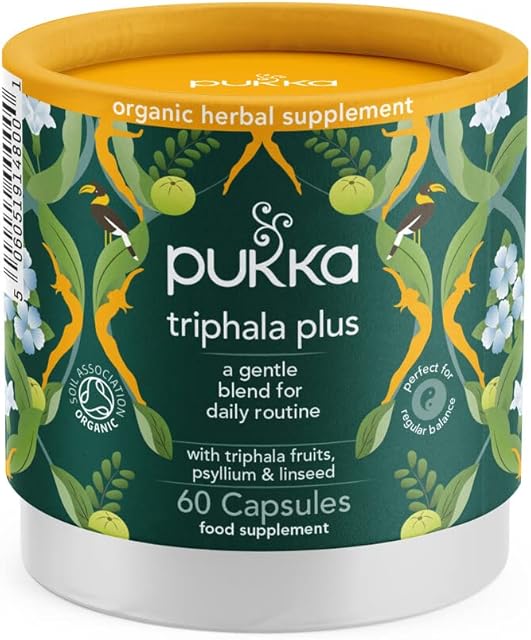 Pukka Herbs | Triphala Plus Organic Herbal Supplement | Triphala Fruits, Fennel, Licorice, Psyllium and Linseed | Perfect for Regular Balance | Capsules | 1 Month Supply, 60 Count (Pack of 1)