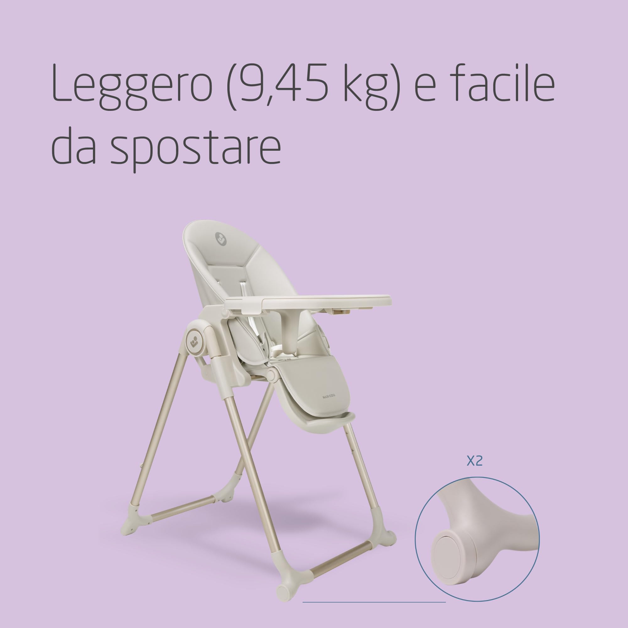 Maxi-Cosi Ava2,Seggiolone Pappa 0-3 Anni (Fino a 15 kg), Seggiolone Pieghevole Compatto, Leggero (9,45 kg), 5 Reclinazioni e 6 Altezze, Vassoio Rimovibile Con Una Mano, 2 Ruote, Elegance Beige