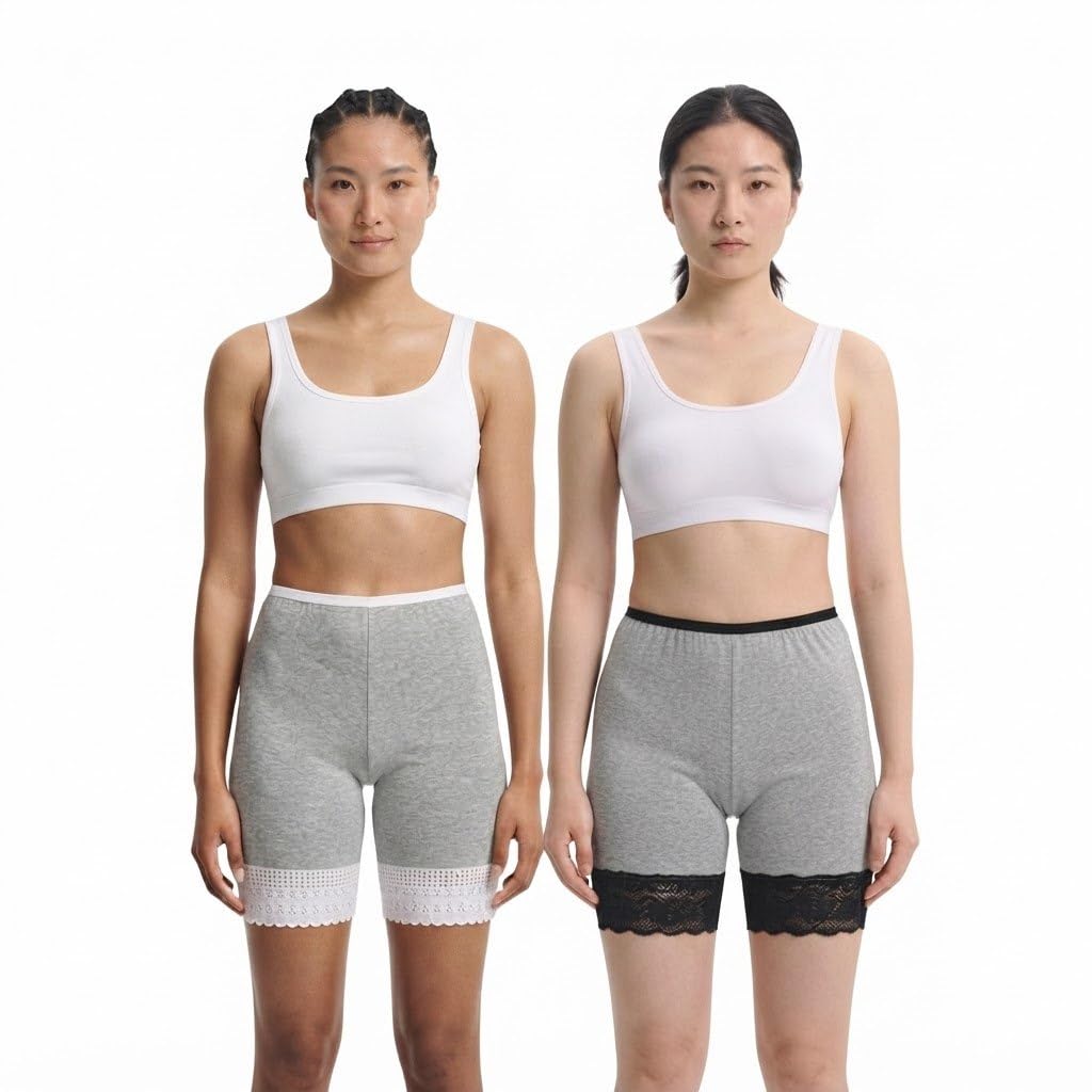 Women's Cotton Biker Shorts with Lace Trim, Grey-picture-42
