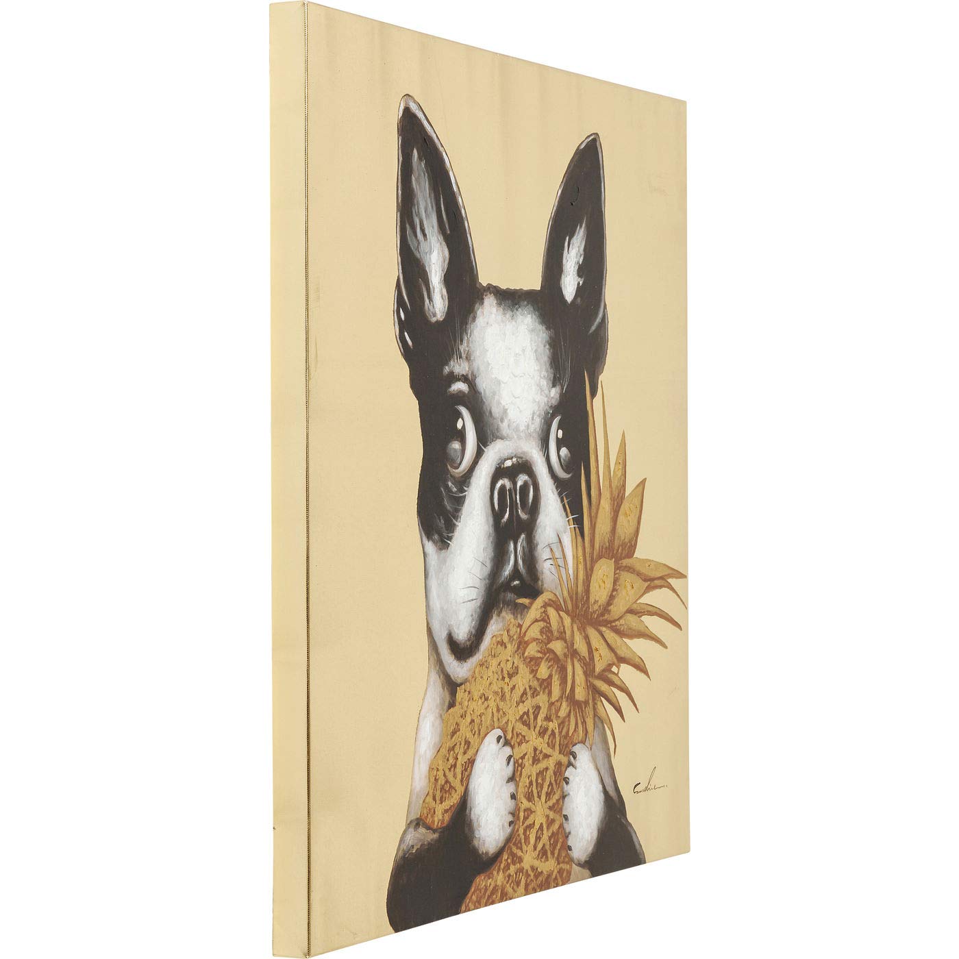 Kare Design Cuadro Touched Dog with Pineapple, Oro/Multicolor, Pintura en Lienzo, Perro, Algodón, Marco de Madera de Abeto, Detalles Pintados a Mano, 80x80x4 cm