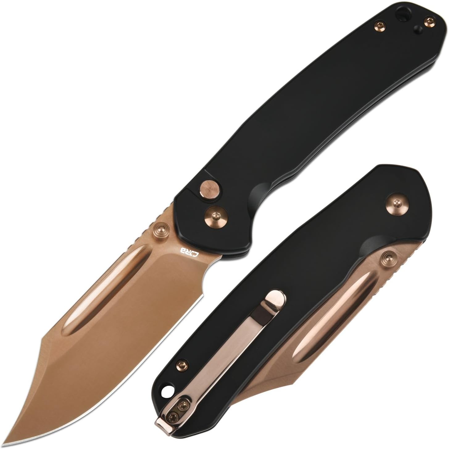 CJRB Bowie Pyrite Pocket Knife, Folding Knife with 3.15'' AR-RPM9 Steel Rose Gold Blade, Hunting Knife with Clip Steel Handle for Camping, Survival - Suitable for Men & Women - J1942