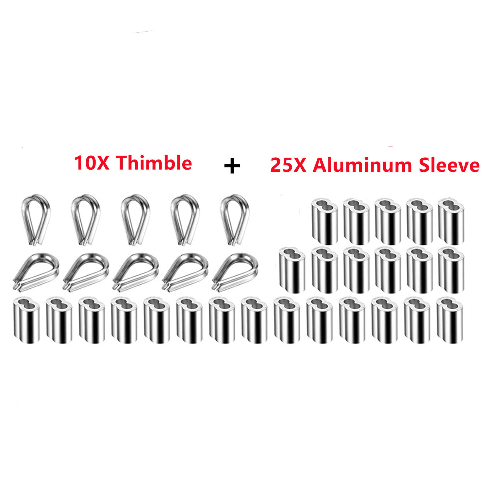 1/25 inch Wire Rope, 304 Stainless Steel Wire Rope with 25Pcs Aluminum Sleeve +10Pcs Heart-Shaped Ring for Hanging Decor, Clothes Line Wires, Lighting Fixture Hoisting