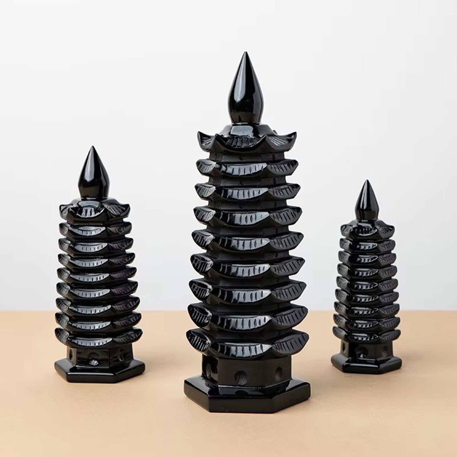 9-stufige Wenchang-Turmstatue aus natürlichem schwarzem Obsidian