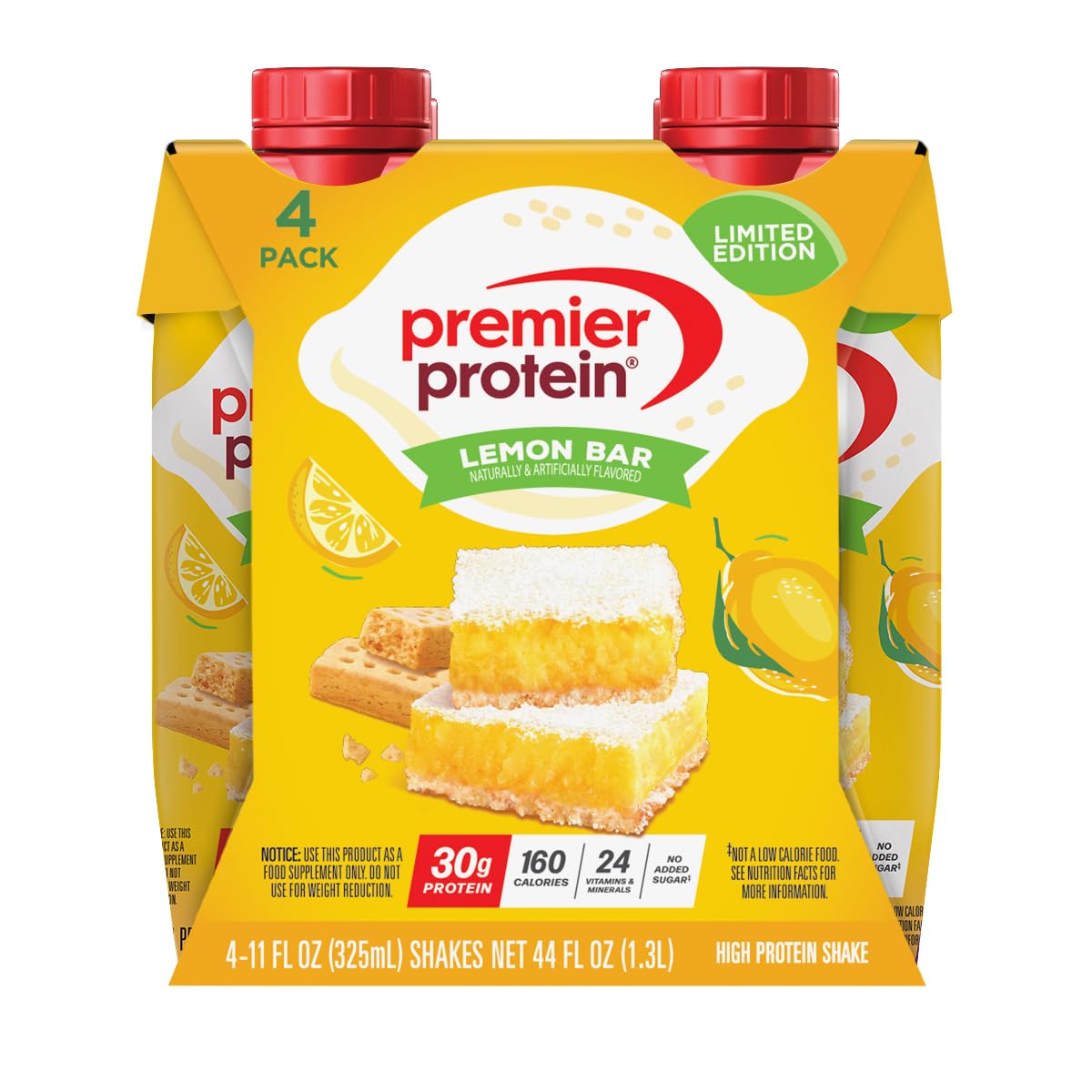 Premier Protein Shake, Limited Edition Lemon Bar, 30g Protein, 1g Sugar, 24 Vitamins &amp; Minerals, 11 fl oz (4 Pack)