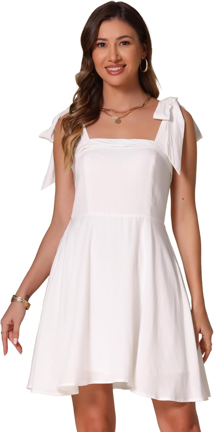 Allegra K Spaghetti Strap Dresses for Women's Casual Tie Shoulder Smocked Mini Dress Sundress