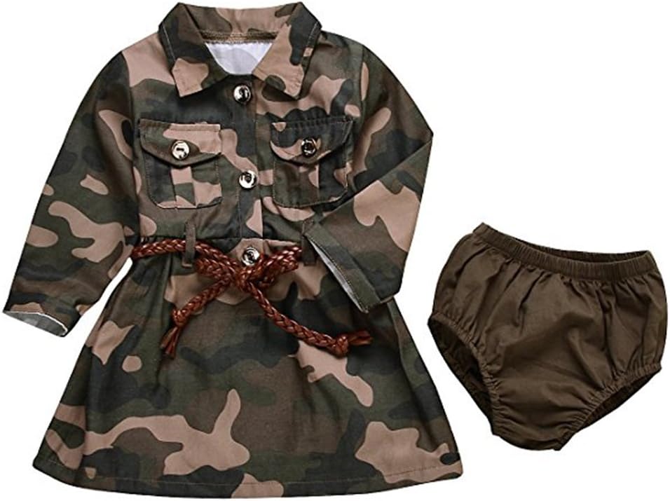 AILOM Baby Girls Camo-Camouflage Long Sleeve Belt Skirts+Armygreen Shorts Set - Camouflage -