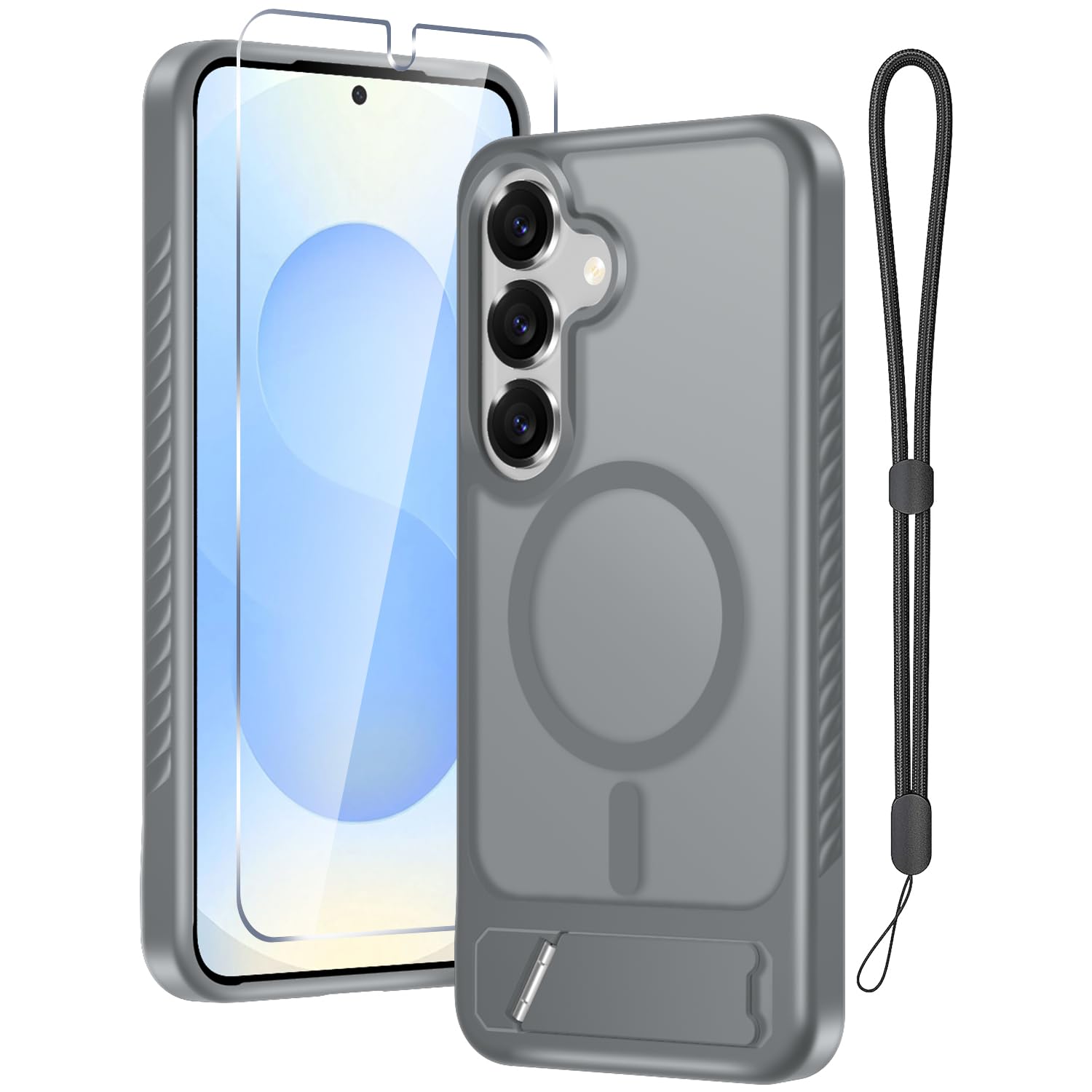 RMOCR for Samsung Galaxy S25 Plus Case with Screen Protector+Lanyard Wrist Strap,Magnetic Translucent Matte Rugged Slim Phone Cover Built in Invisible