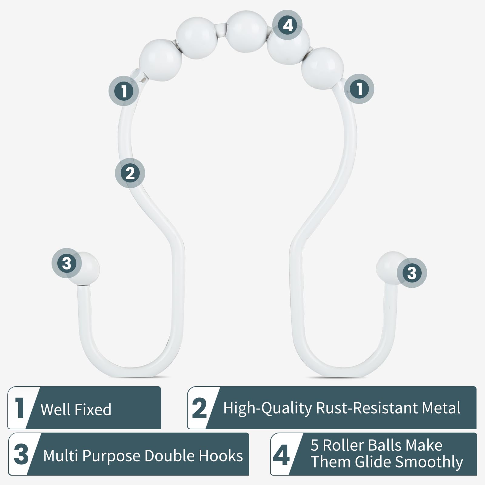 OEH – Lot de 12 crochets de rideau de douche en métal antirouille, anneaux de rideau de douche en métal antirouille, crochets doubles pour rideau de douche, blanc